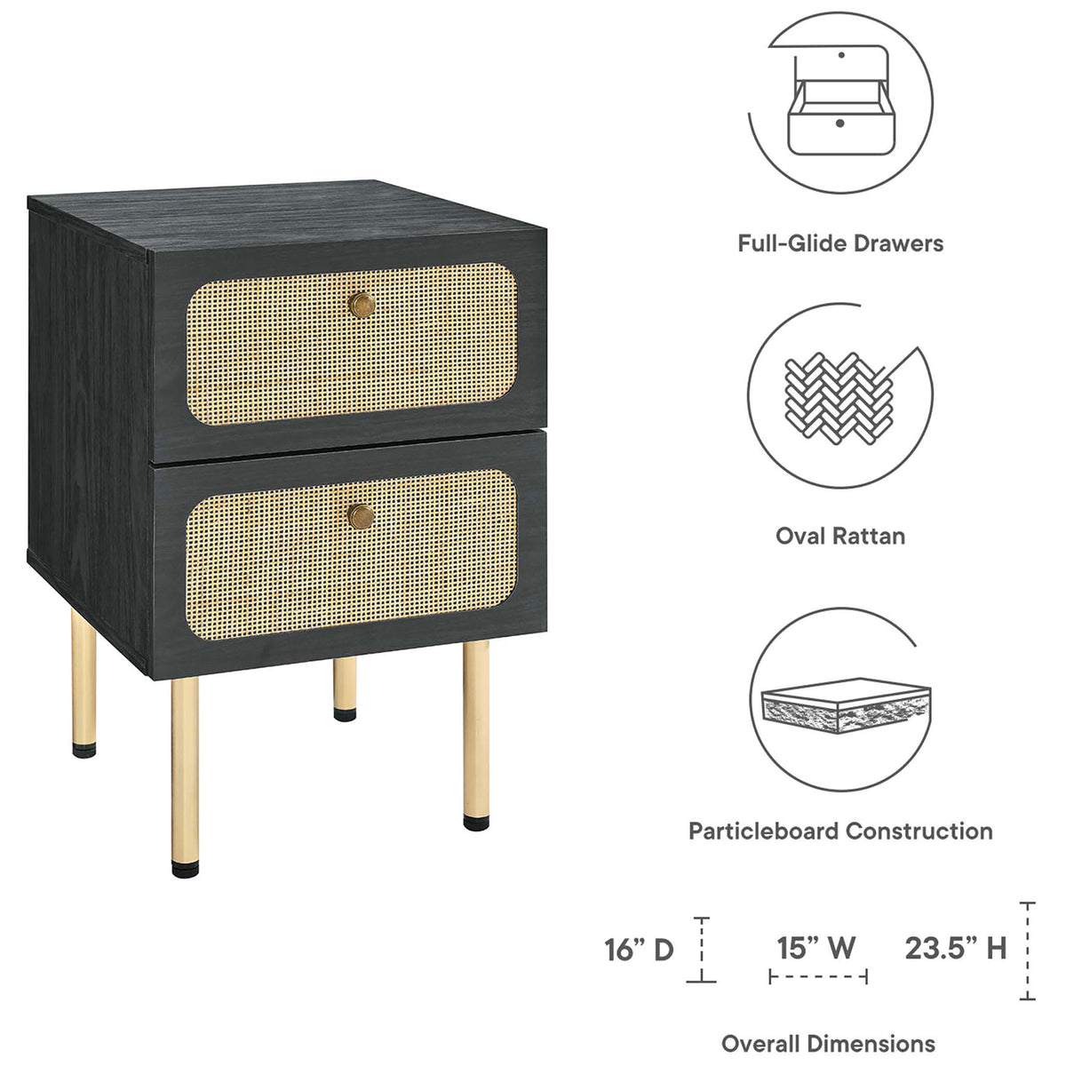 Feature callouts highlight full-glide drawers, oval rattan, and sturdy construction with dimensions || MOD-7063-BLK || dimension_studio