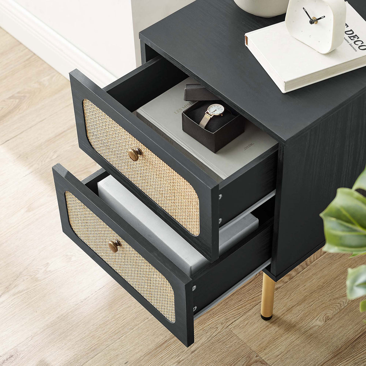 Styled nightstand top with both drawers pulled out to show organized bedside storage options || MOD-7063-BLK || storage_open_room