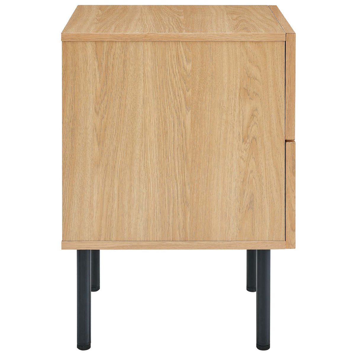 Side profile of oak nightstand showcasing clean lines, wood grain texture, and tall black legs || MOD-7063-OAK || side_studio
