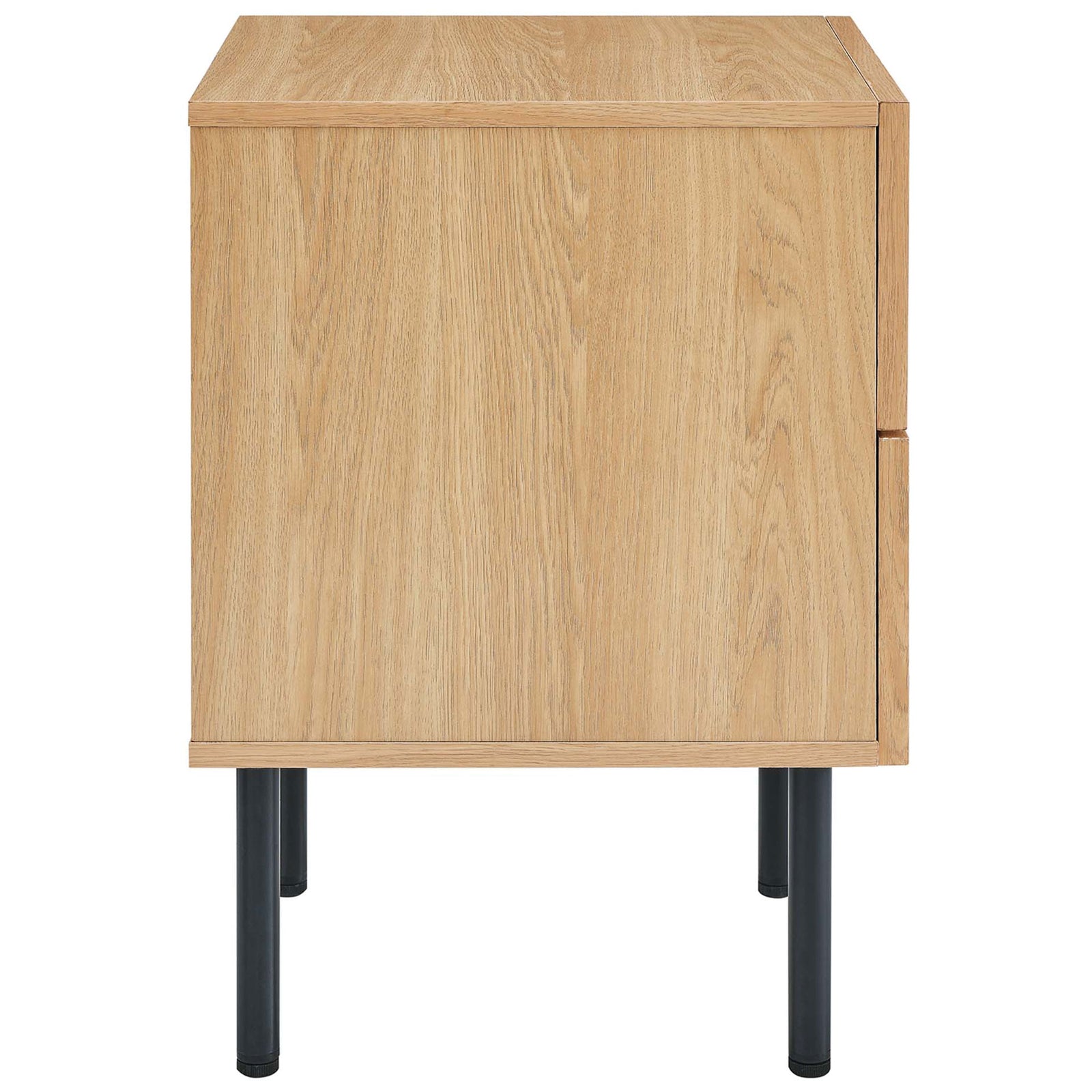 Side profile of oak nightstand showcasing clean lines, wood grain texture, and tall black legs || MOD-7063-OAK || side_studio