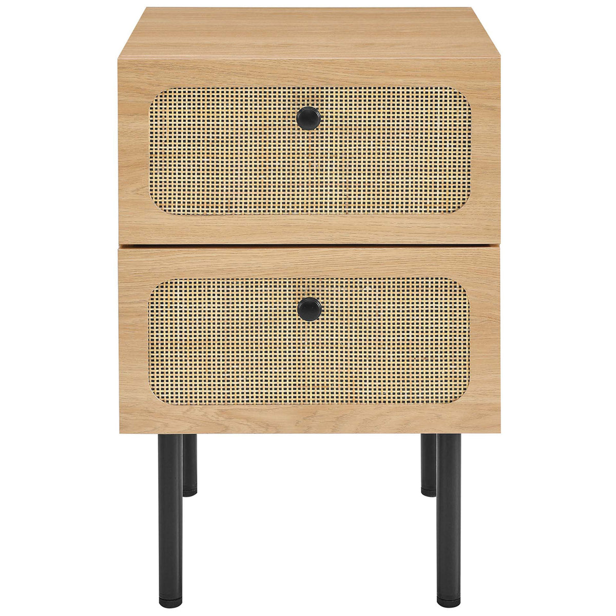 Modern oak nightstand with two woven rattan drawer fronts and round black knobs || MOD-7063-OAK || front_studio