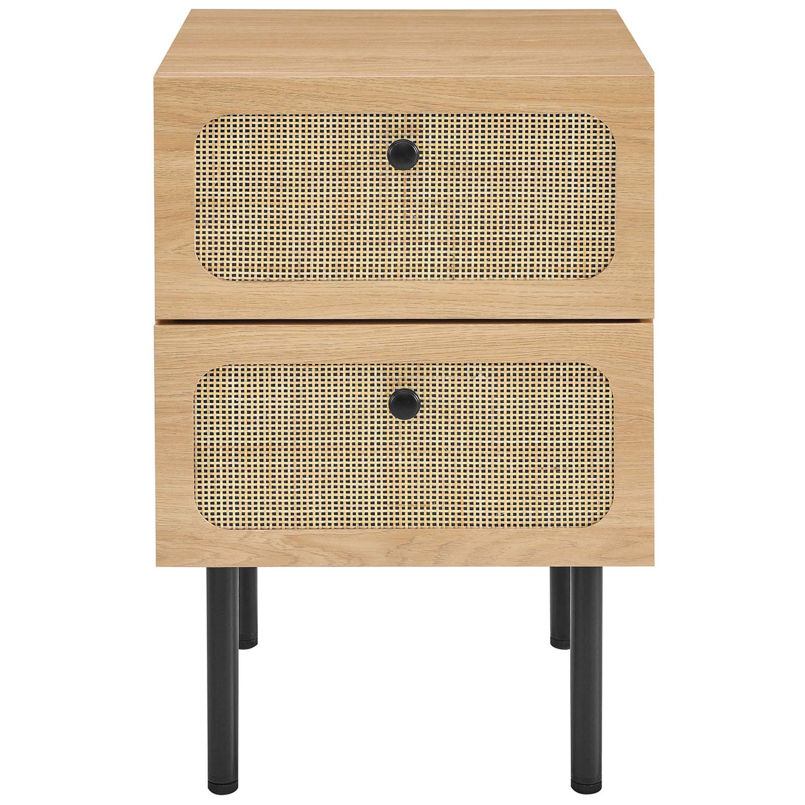 Modern oak nightstand with two woven rattan drawer fronts and round black knobs || MOD-7063-OAK || front_studio
