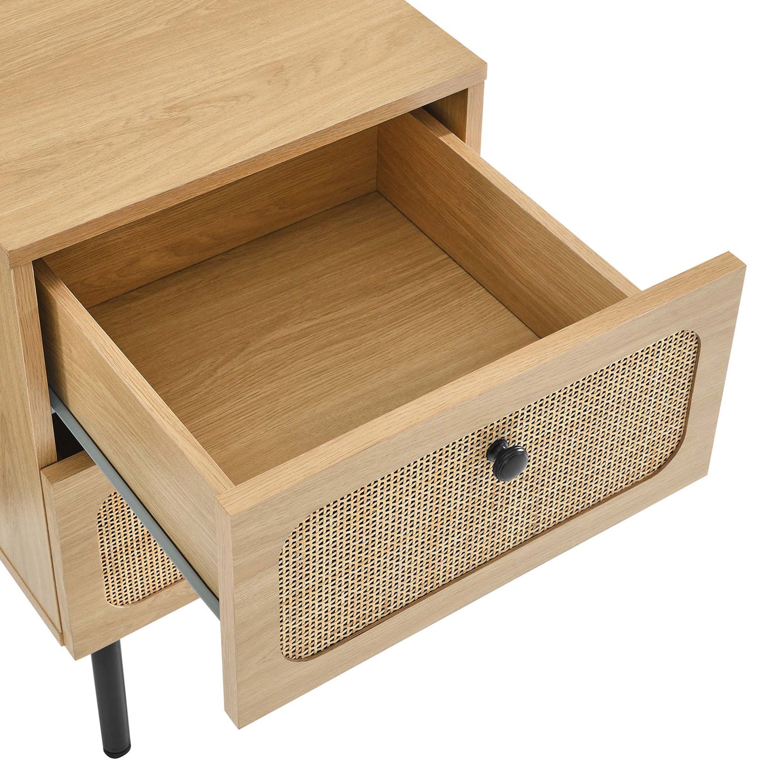 Open oak drawer revealing spacious storage and woven rattan front with round black knob || MOD-7063-OAK || storage_open_studio