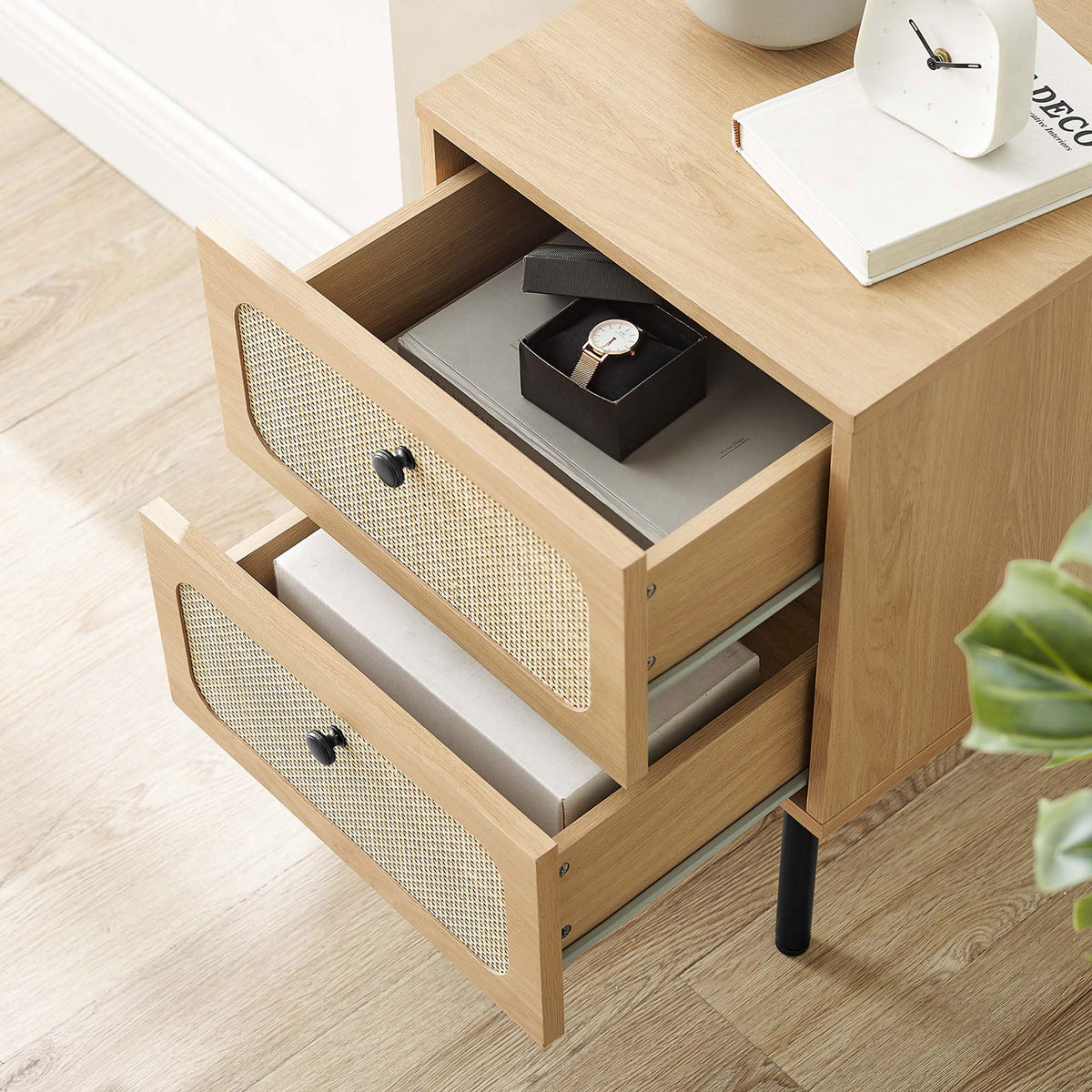 Nightstand styled with decor, open drawers neatly organizing books and accessories in a bright room || MOD-7063-OAK || front_angle_open_room
