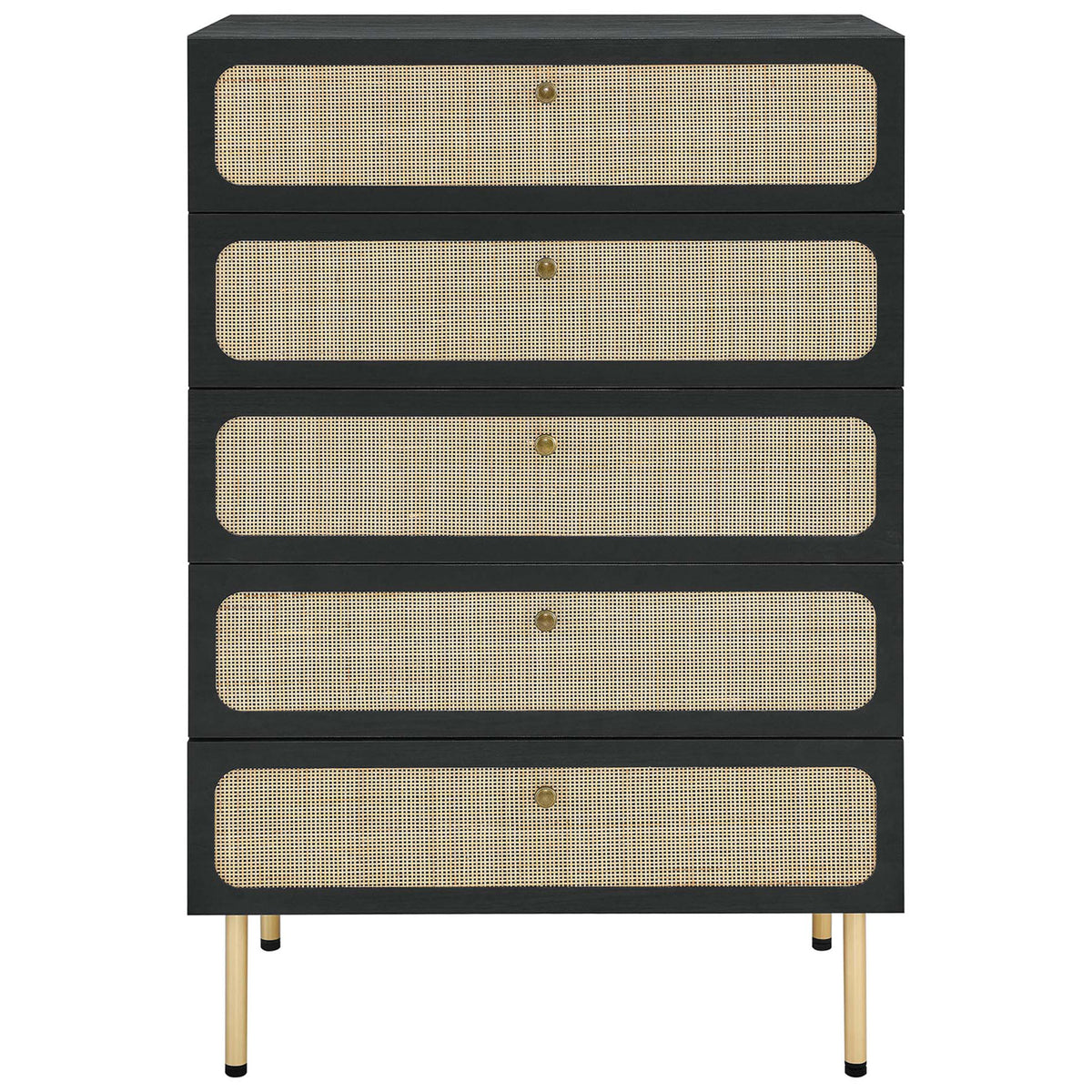 Modern black 5-drawer chest featuring inset oval rattan panels and simple round metal knobs || MOD-7065-BLK || front_studio