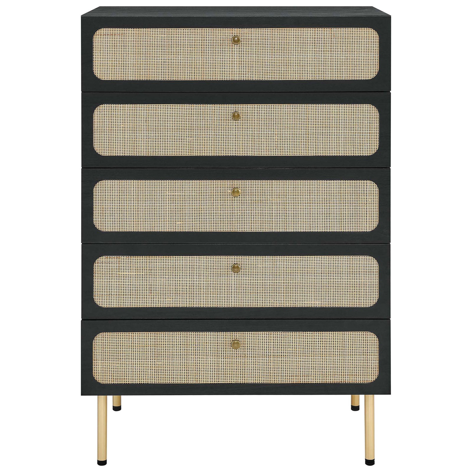 Modern black 5-drawer chest featuring inset oval rattan panels and simple round metal knobs || MOD-7065-BLK || front_studio