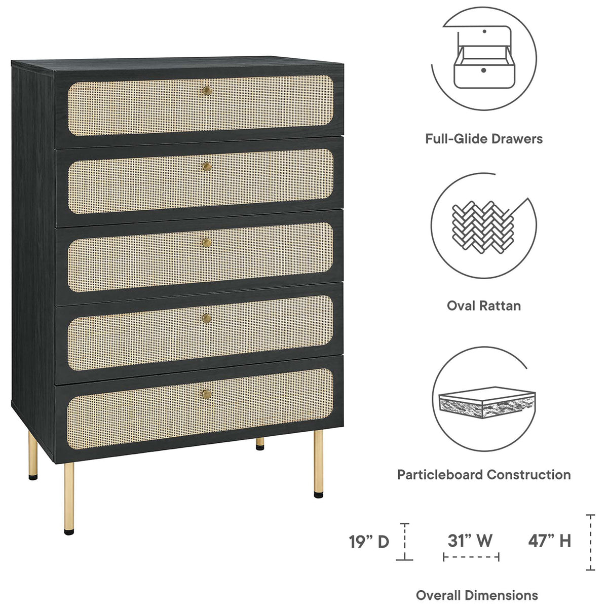 Feature graphic highlighting chest dimensions, full-glide drawers, oval rattan, and durable particleboard build || MOD-7065-BLK || dimension_studio