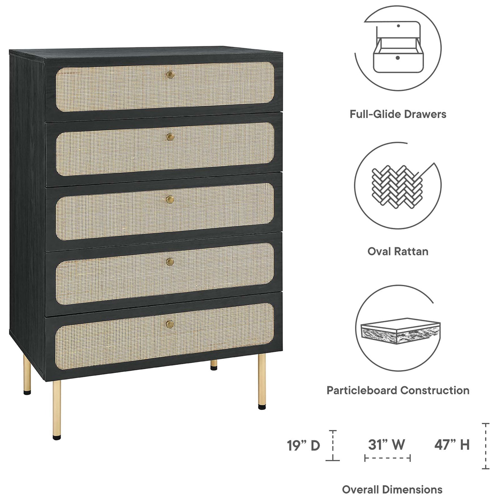 Feature graphic highlighting chest dimensions, full-glide drawers, oval rattan, and durable particleboard build || MOD-7065-BLK || dimension_studio