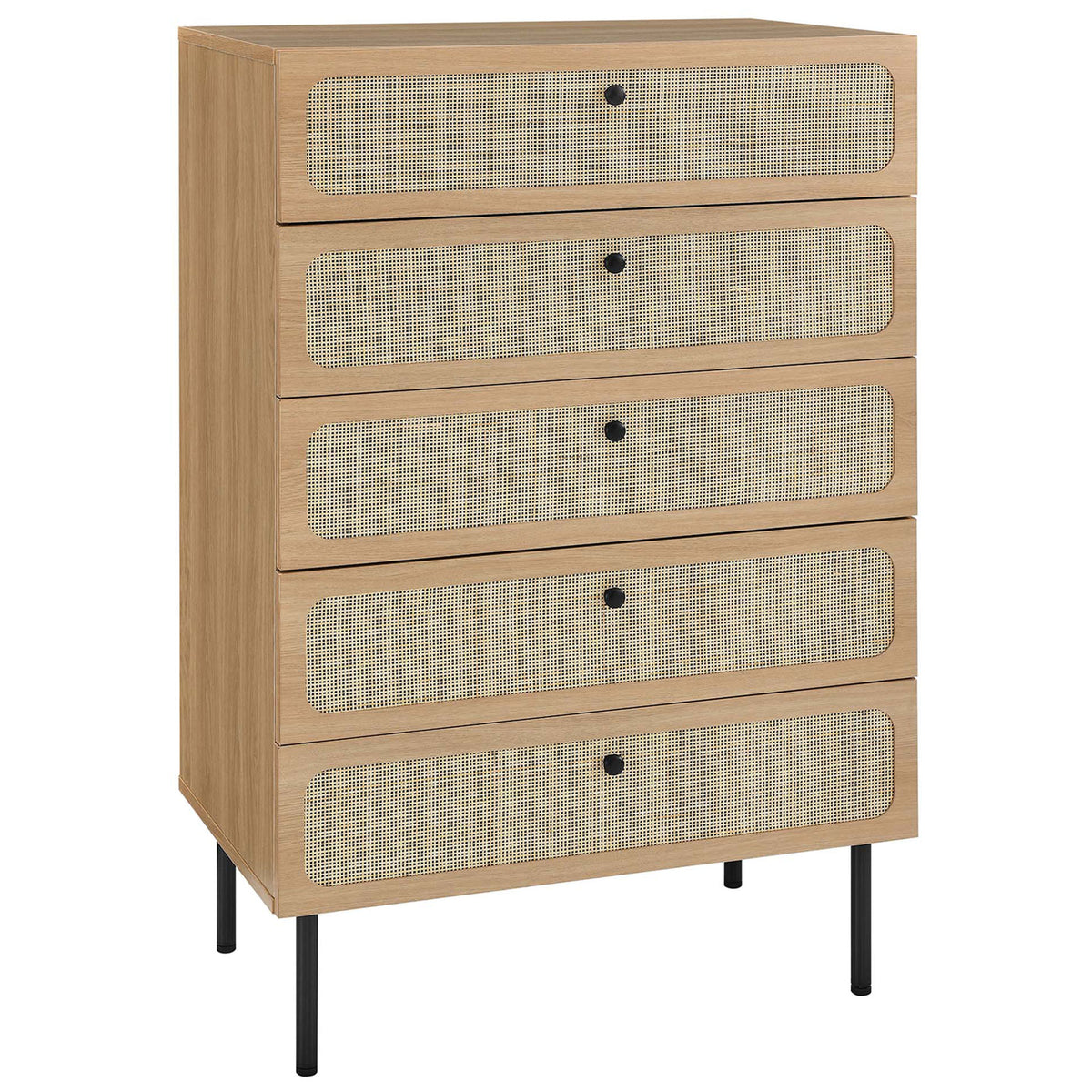 Chaucer oak 5-drawer chest with oval rattan drawer fronts and slim black metal legs || MOD-7065-OAK || front_angle_studio