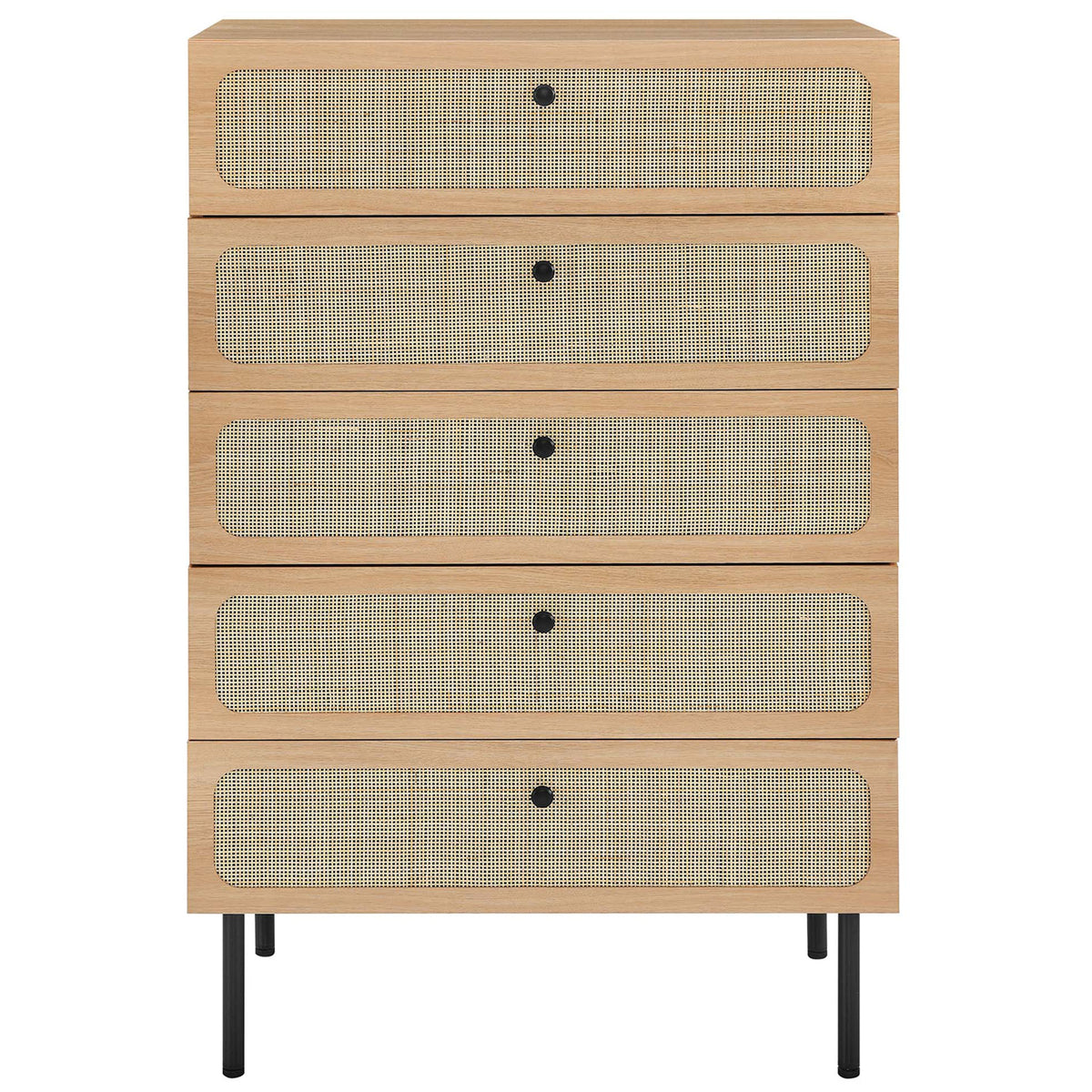 Oak 5-drawer chest with five rattan-front drawers and round black pulls in a clean silhouette || MOD-7065-OAK || front_studio