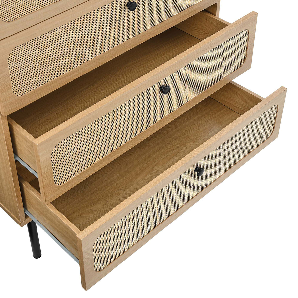 Open drawers revealing spacious storage and smooth metal glides in the oak rattan-front chest || MOD-7065-OAK || storage_open_studio