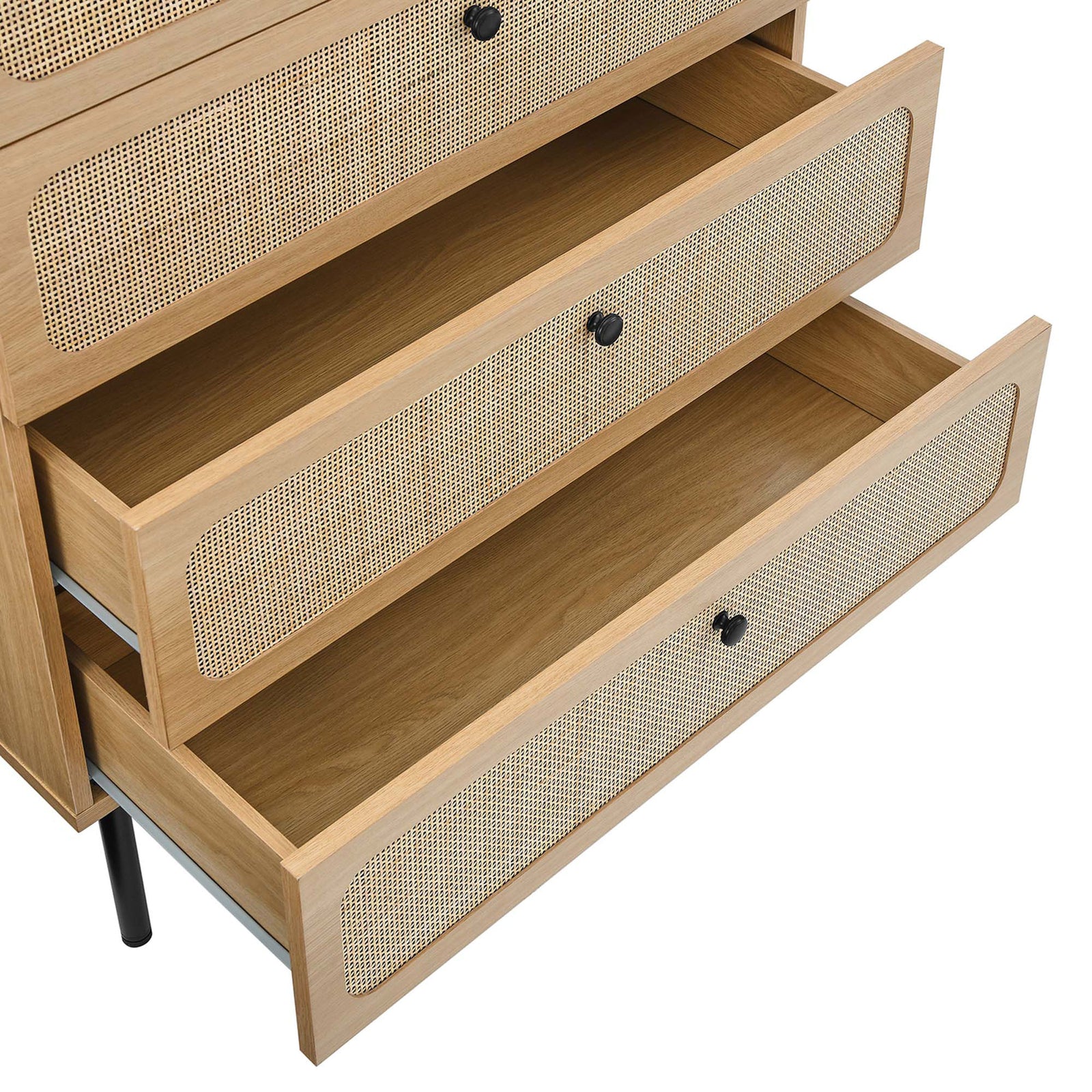 Open drawers revealing spacious storage and smooth metal glides in the oak rattan-front chest || MOD-7065-OAK || storage_open_studio
