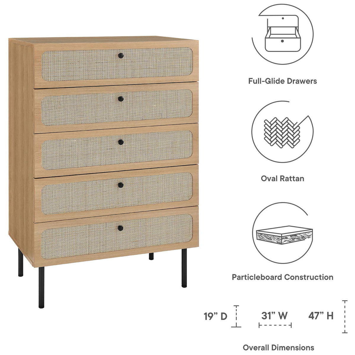 Feature graphic highlighting full-glide drawers, oval rattan fronts, particleboard construction, and dimensions || MOD-7065-OAK || dimension_studio