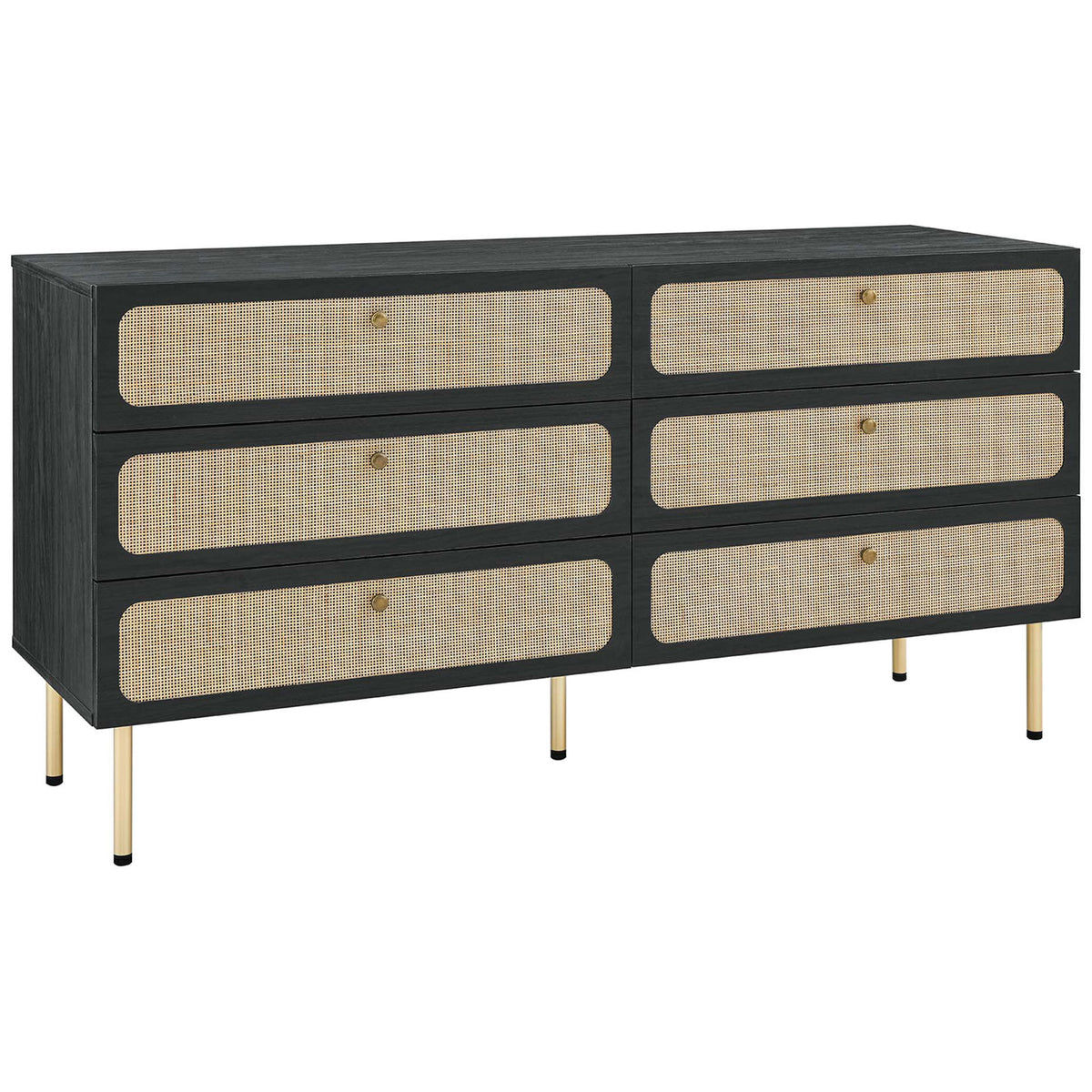 Modern black six-drawer dresser with woven rattan fronts and slim gold legs for airy style. || MOD-7067-BLK || front_angle_studio