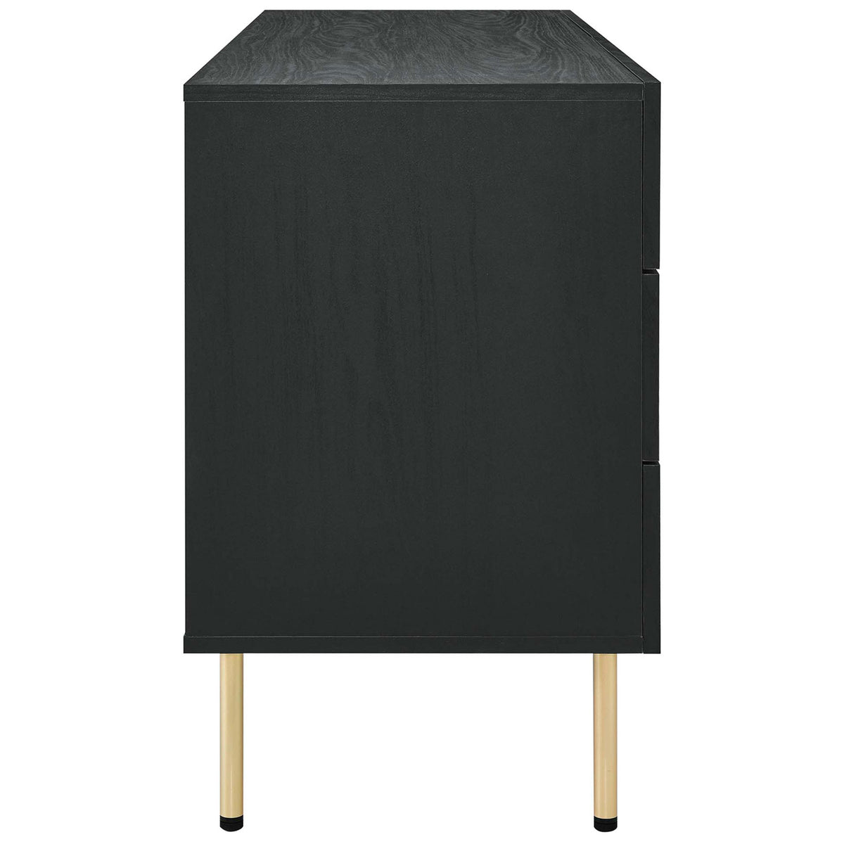 Streamlined dresser profile with black wood grain finish and tall gold-tone metal legs. || MOD-7067-BLK || side_studio
