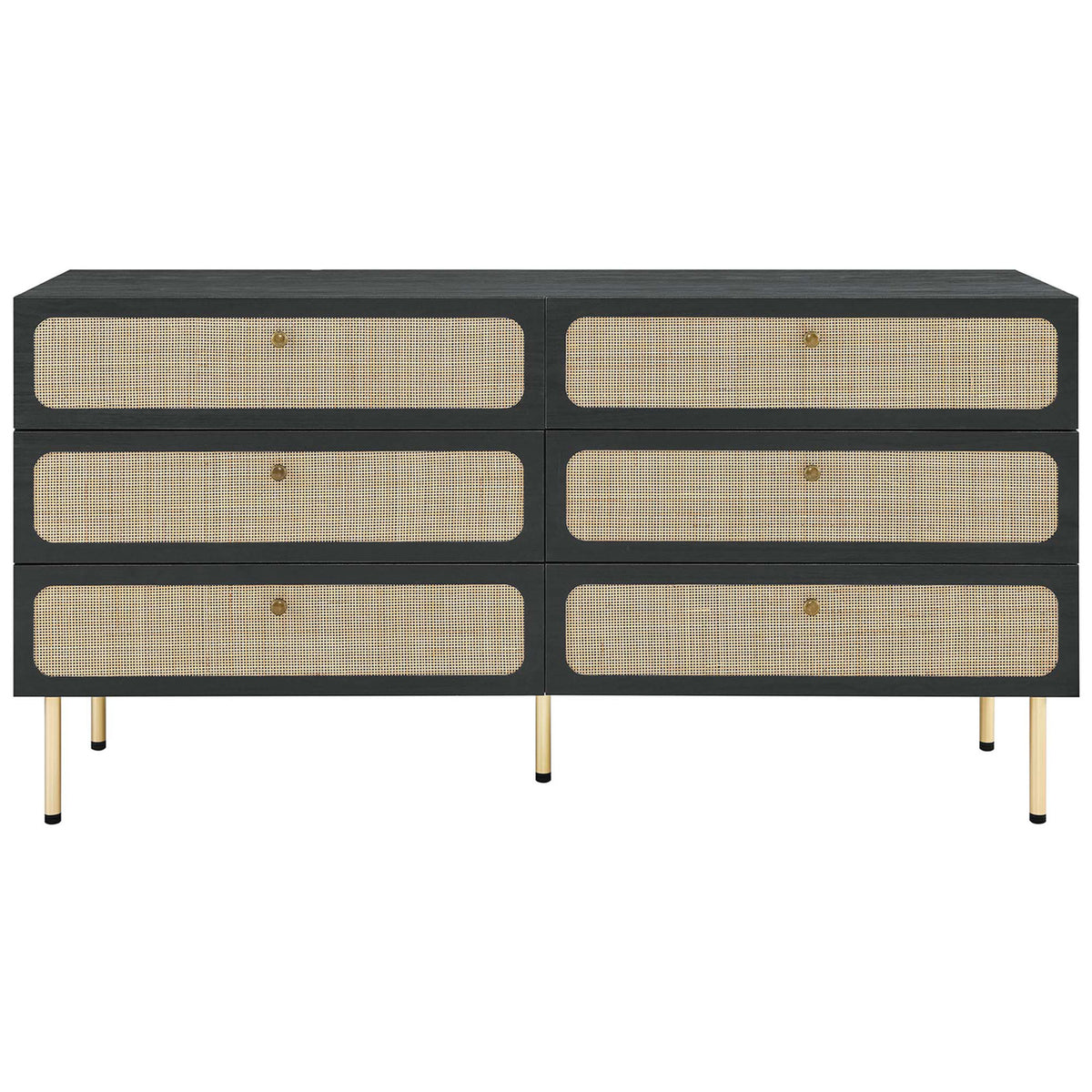 Black dresser with six cane-style drawer fronts and sleek metal legs for contemporary bedrooms. || MOD-7067-BLK || front_studio