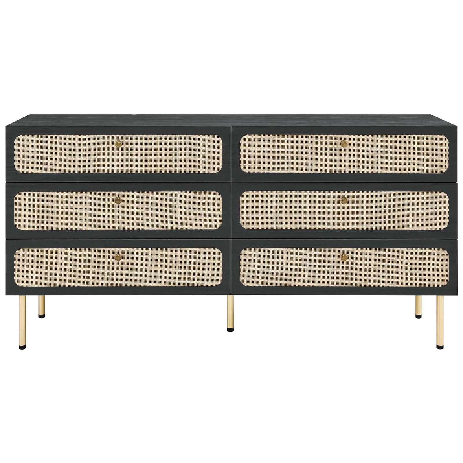 Black dresser with six cane-style drawer fronts and sleek metal legs for contemporary bedrooms. || MOD-7067-BLK || front_studio