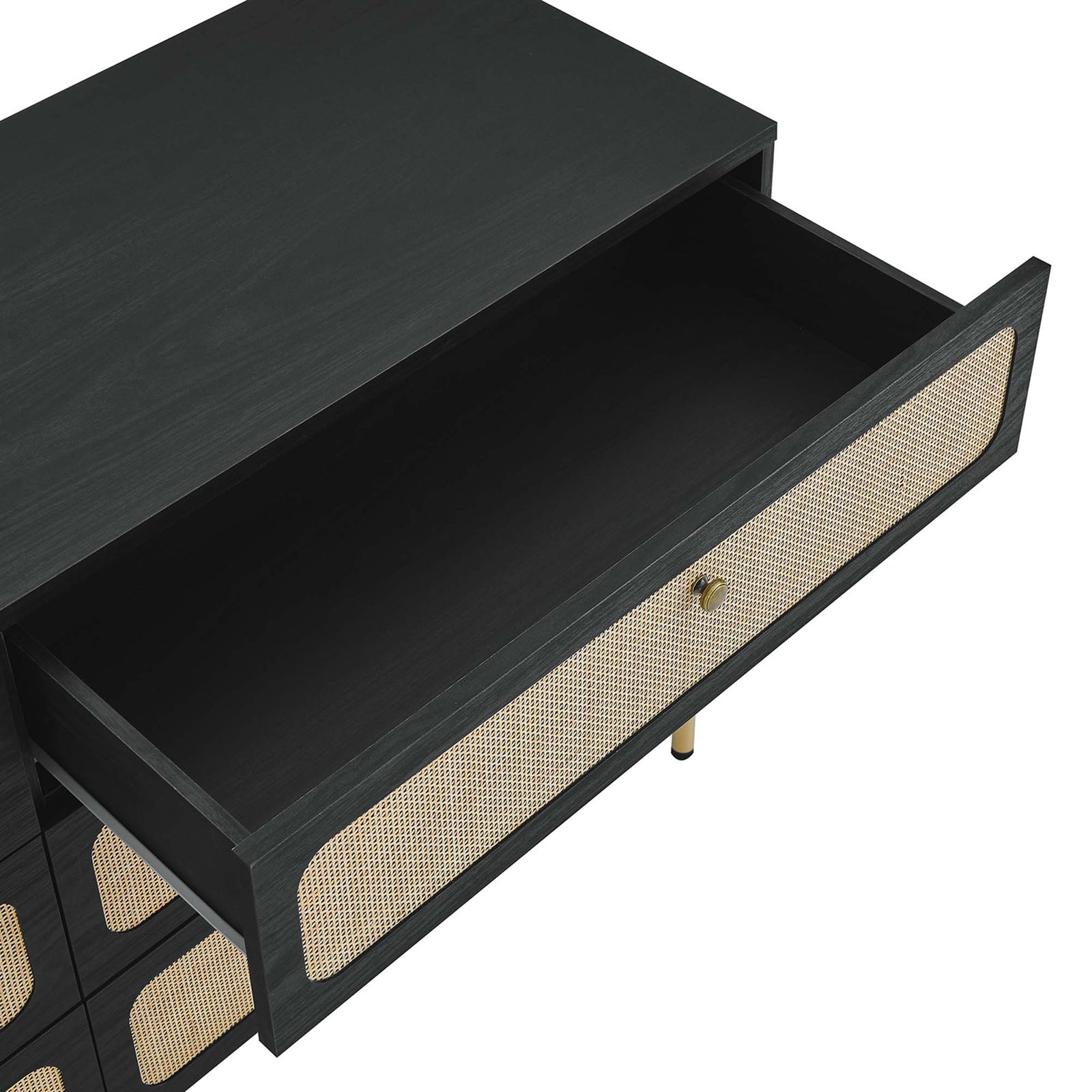 Deep top drawer with smooth-glide hardware and rattan front, ideal for organizing everyday essentials. || MOD-7067-BLK || storage_open_studio