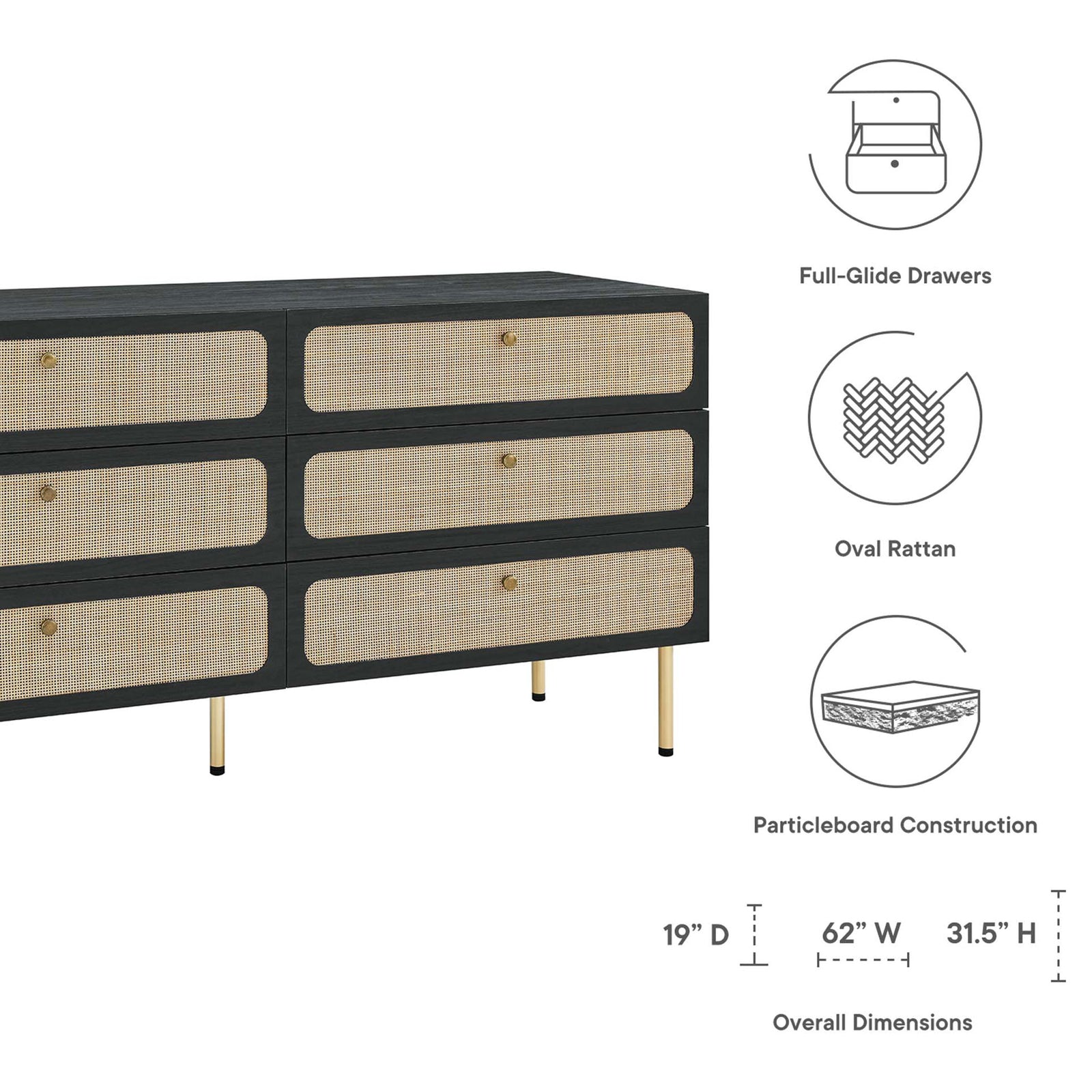 Modern rattan-front dresser with six full-glide drawers and compact footprint sized for versatile placement. || MOD-7067-BLK || dimension_studio