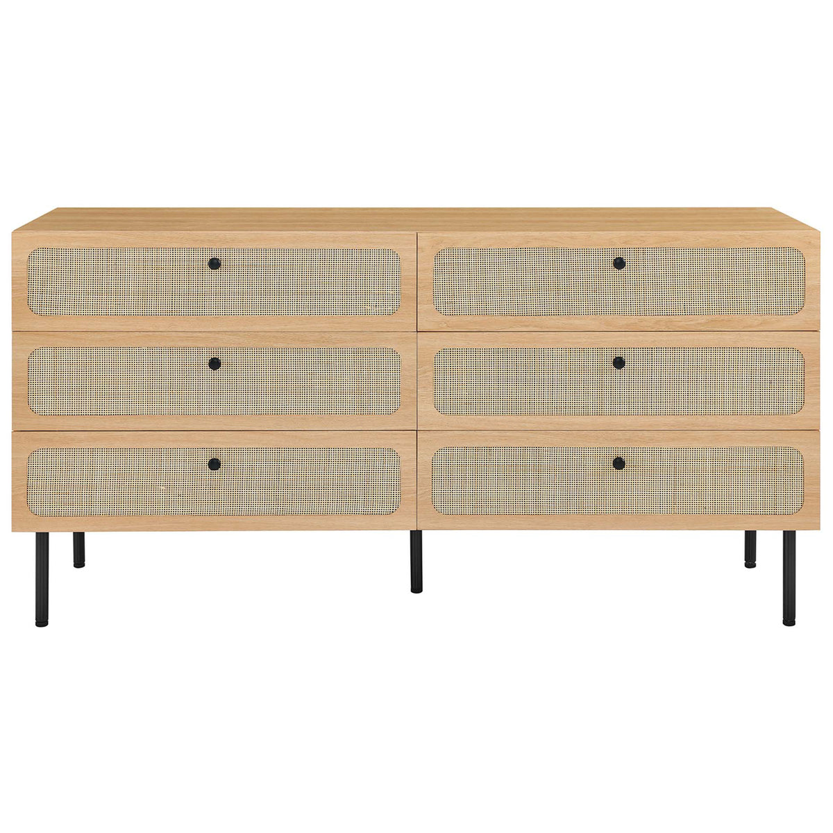 Chaucer oak 6-drawer dresser with woven rattan fronts and streamlined black metal legs || MOD-7067-OAK || front_studio