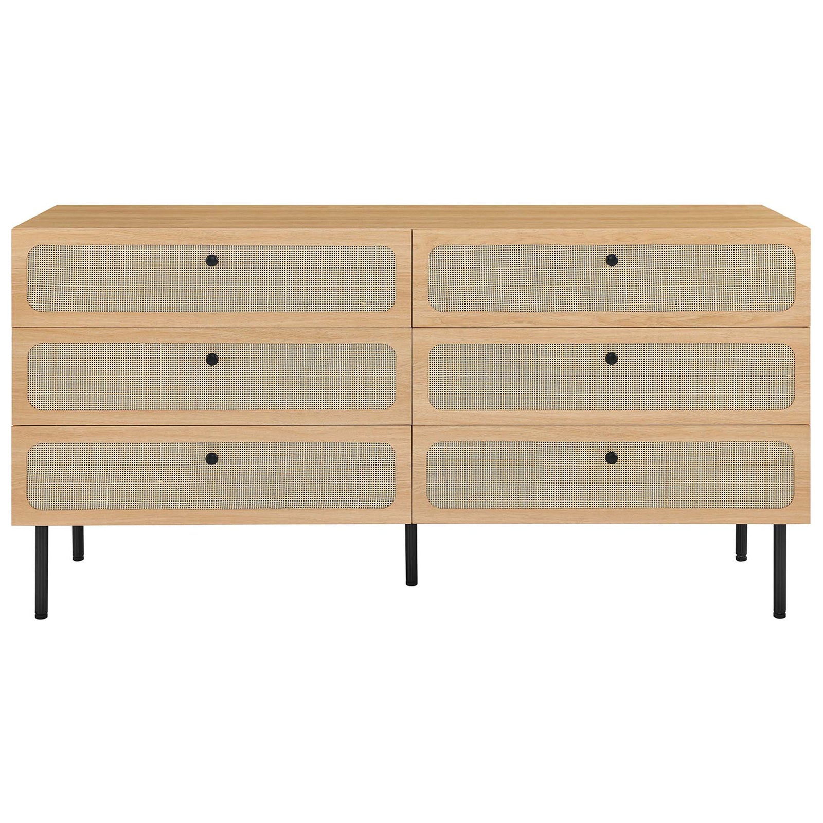 Chaucer oak 6-drawer dresser with woven rattan fronts and streamlined black metal legs || MOD-7067-OAK || front_studio