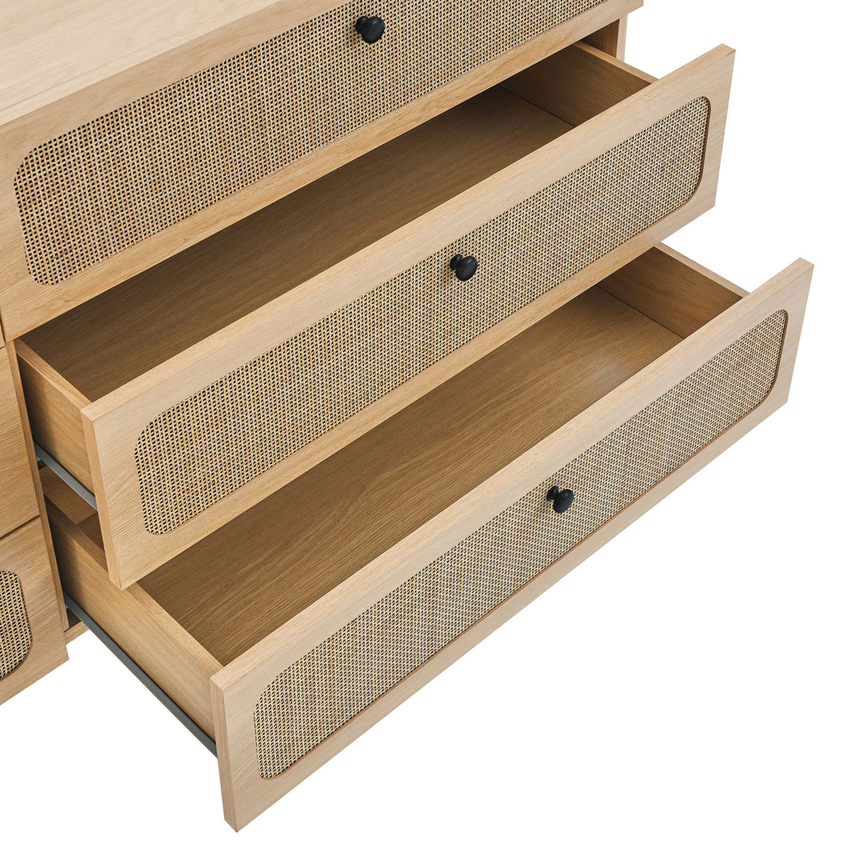 Open rattan-front drawers revealing spacious storage inside the Chaucer oak 6-drawer dresser || MOD-7067-OAK || storage_open_studio