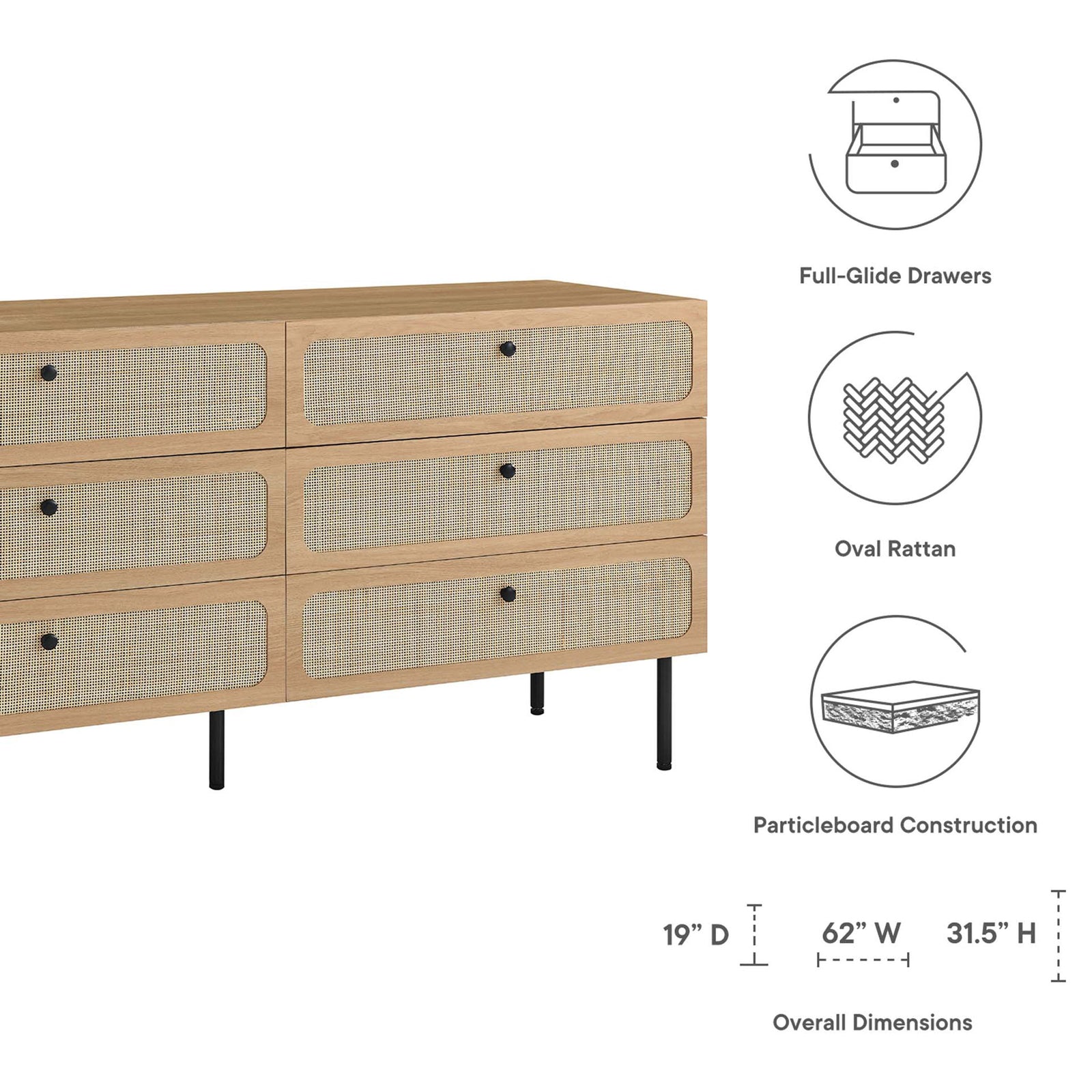 Chaucer 6-drawer dresser dimension guide highlighting full-glide drawers and oval rattan fronts || MOD-7067-OAK || dimension_studio