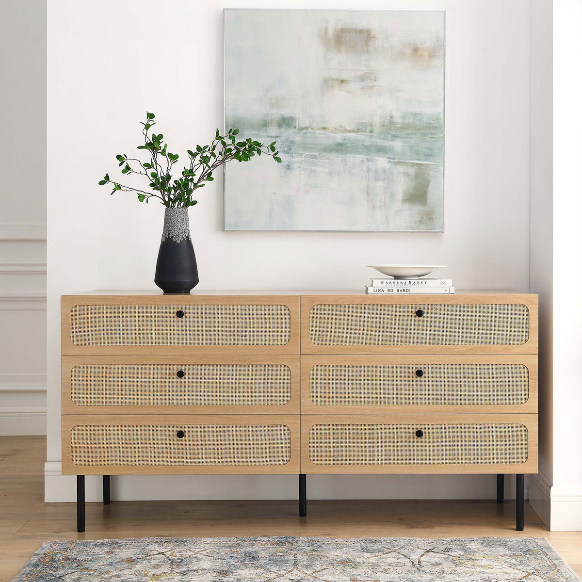 Chaucer oak 6-drawer dresser styled with decor in a light, airy room for a relaxed look || MOD-7067-OAK || front_room