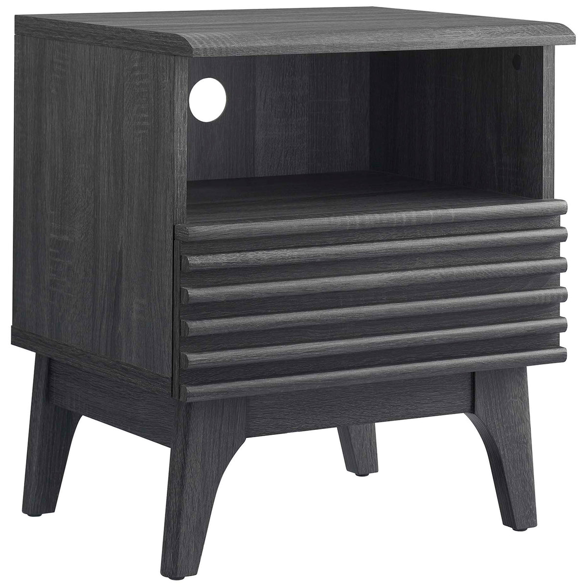 Mid-century charcoal nightstand showcasing open shelf with cable cutout and louvered drawer front || MOD-7070-CHA || front_angle_studio