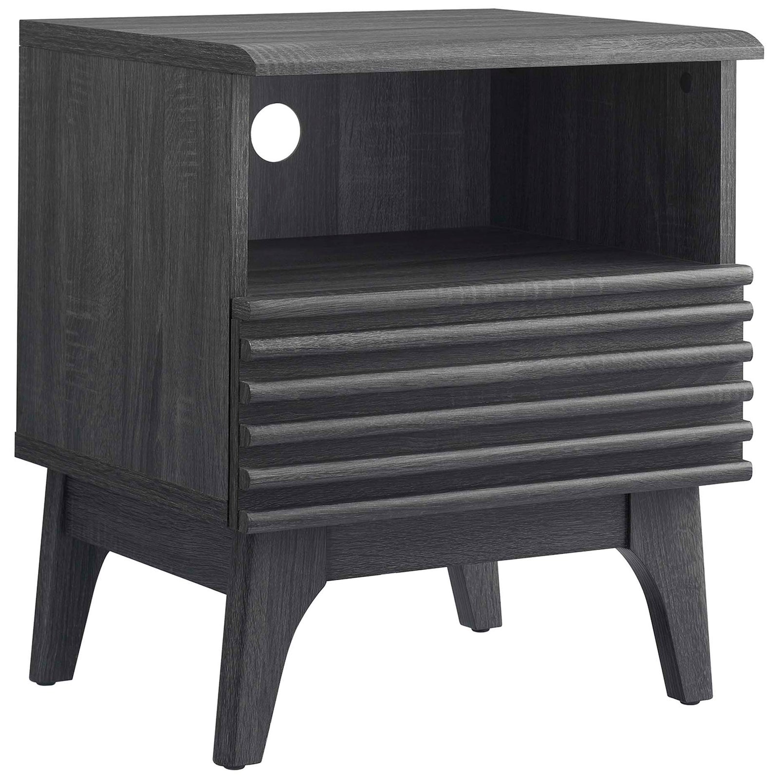 Mid-century charcoal nightstand showcasing open shelf with cable cutout and louvered drawer front || MOD-7070-CHA || front_angle_studio