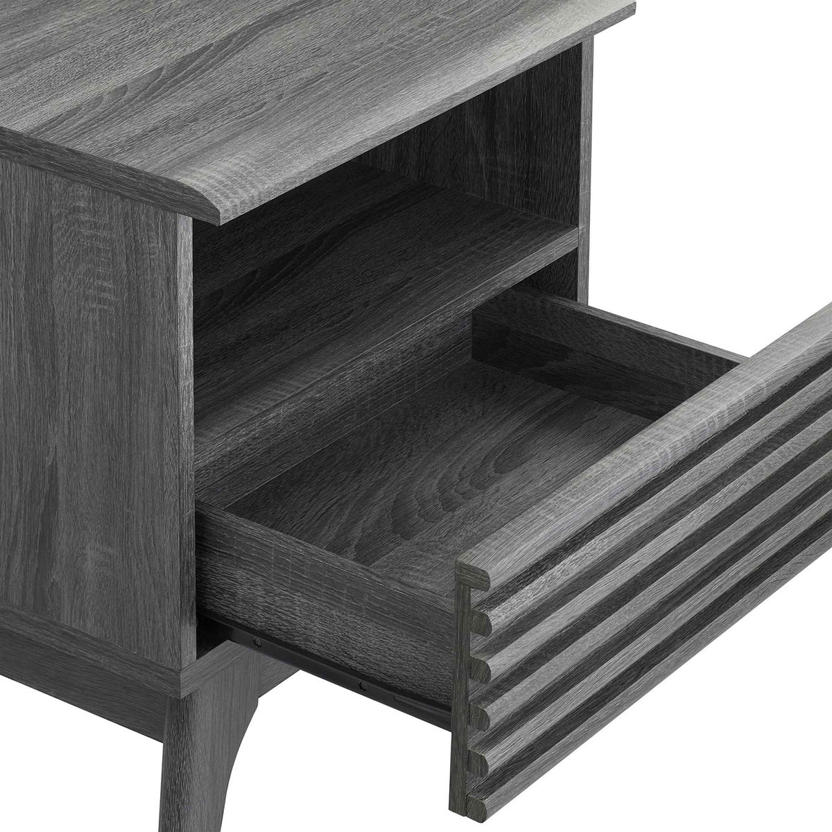 Full-extension drawer pulled out to reveal spacious storage and smooth charcoal wood grain finish || MOD-7070-CHA || storage_open_studio