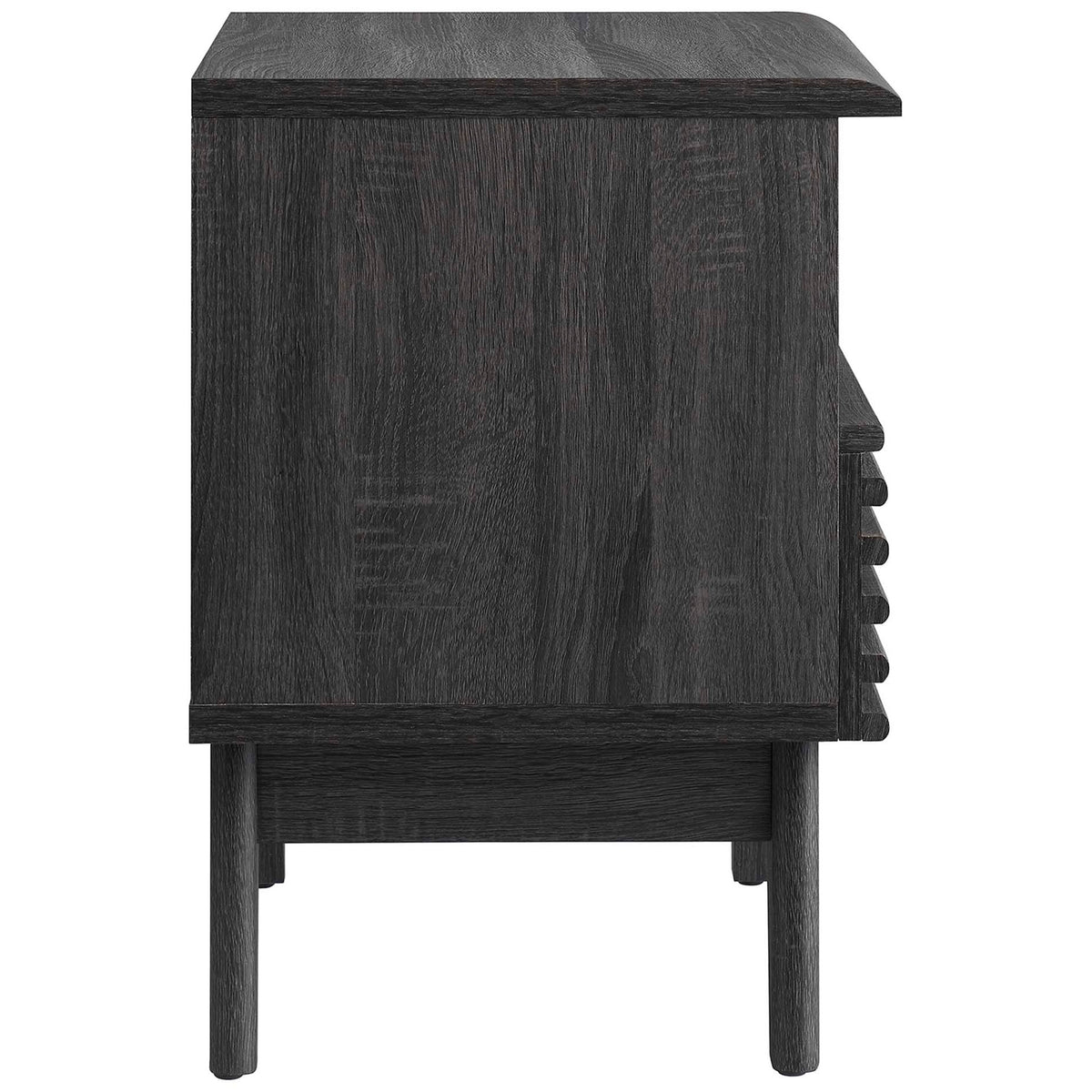 Side profile of charcoal wood grain nightstand with flared legs and clean mid-century lines || MOD-7070-CHA || side_studio