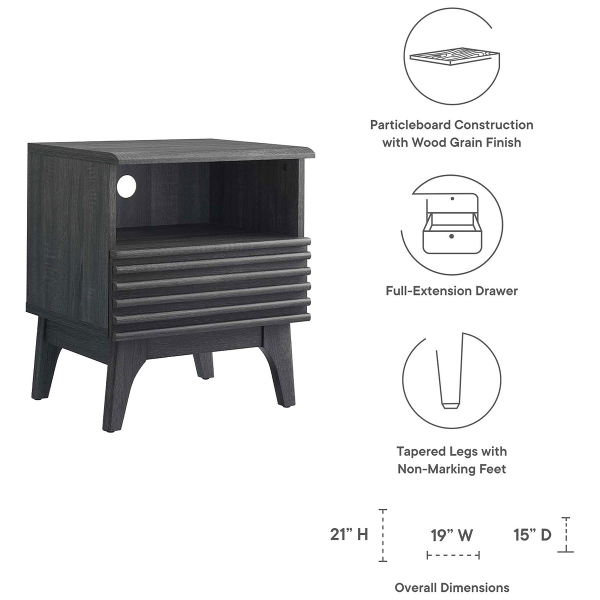 Render nightstand in charcoal finish with illustrated dimensions and feature callouts for construction and storage || MOD-7070-CHA || dimension_studio