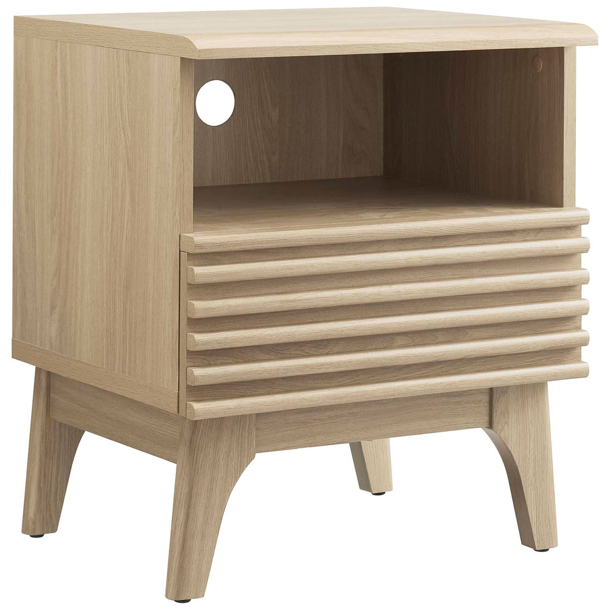 Oak nightstand with ribbed drawer front, open shelf, and tapered legs for a warm mid-century accent. || MOD-7070-OAK || front_angle_studio
