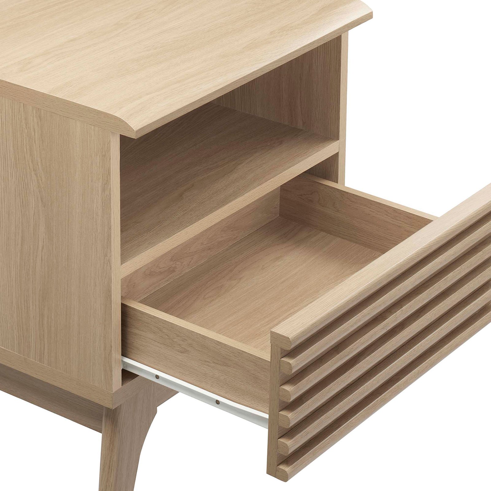 Oak nightstand showcasing smooth drawer glides and open storage shelf for easy bedside organization. || MOD-7070-OAK || storage_open_studio