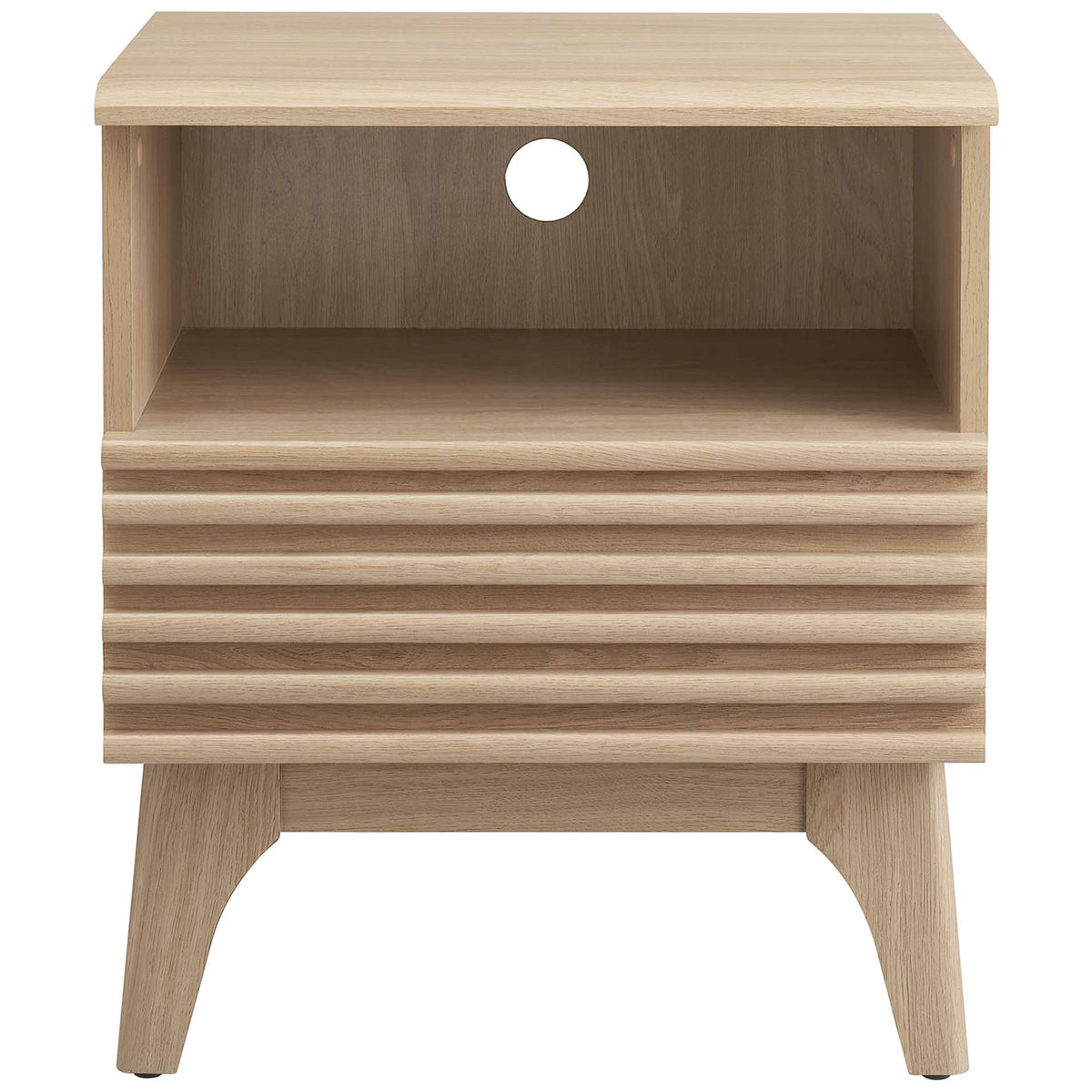 Oak nightstand with slatted drawer panel and open cubby featuring cable management port. || MOD-7070-OAK || front_studio