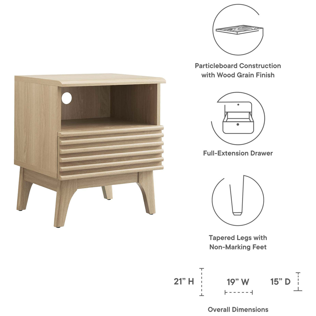 Features and dimensions of oak nightstand with wood grain finish, full-extension drawer, and tapered legs. || MOD-7070-OAK || dimension_studio