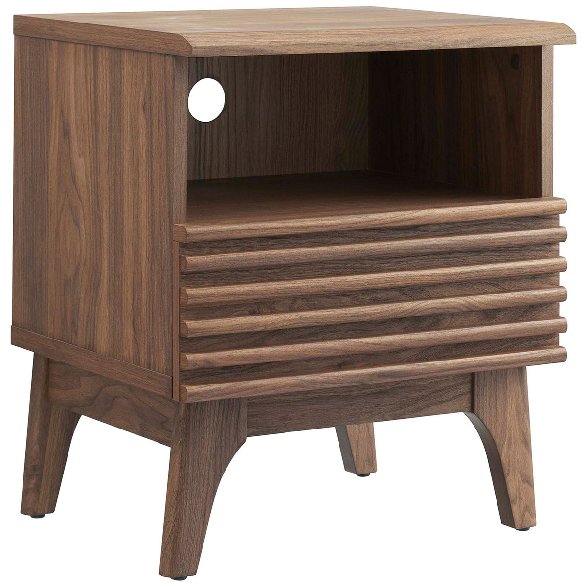 Mid-century walnut nightstand with slatted drawer front, open shelf, and tapered legs || MOD-7070-WAL || front_angle_studio