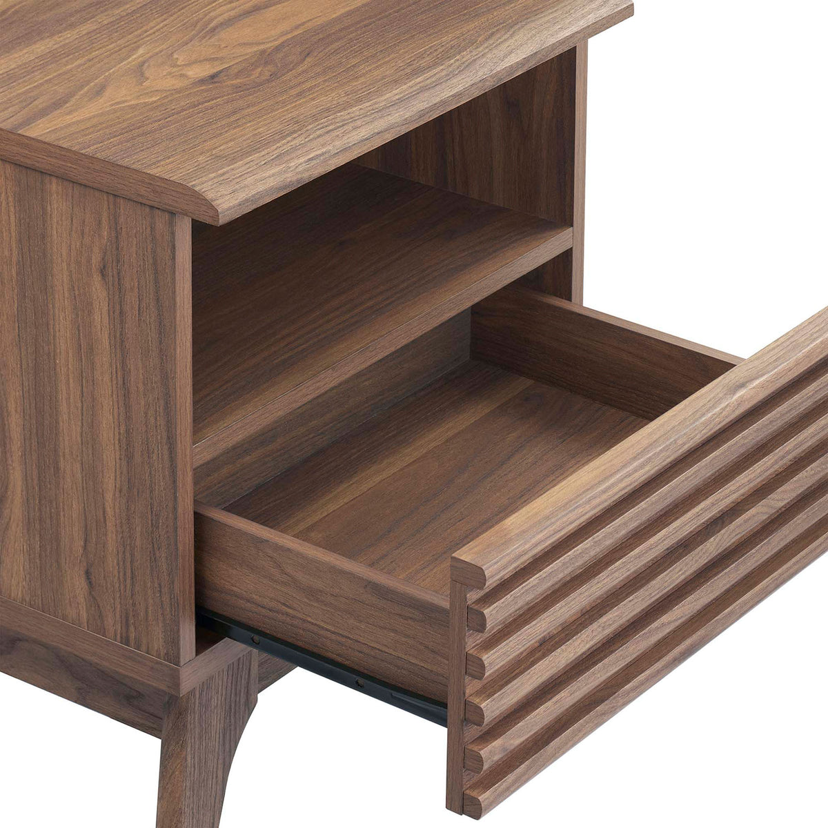 Walnut nightstand with full-extension drawer open to reveal spacious storage and shelf || MOD-7070-WAL || storage_open_studio