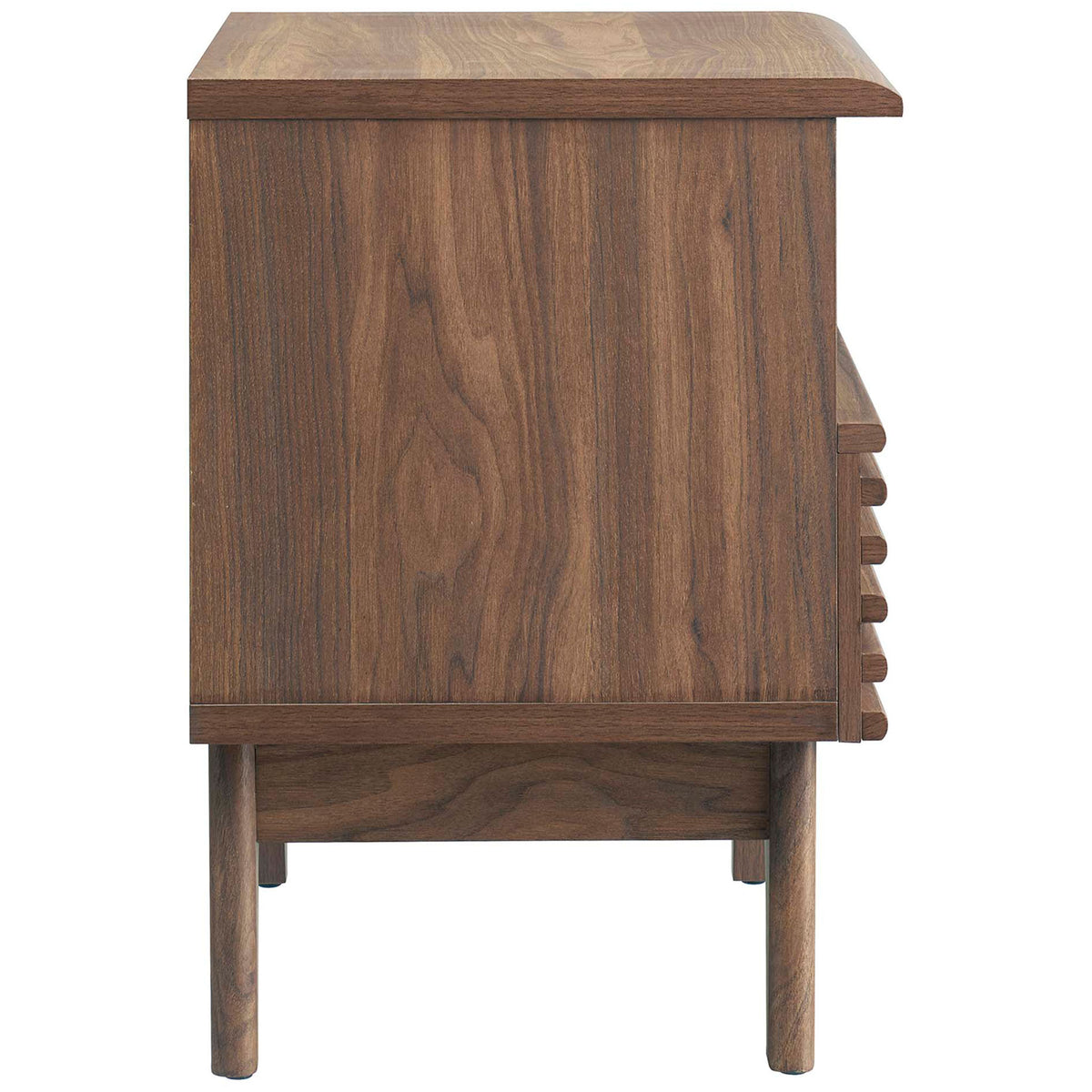 Side view of walnut nightstand showing smooth wood grain and clean modern profile || MOD-7070-WAL || side_studio