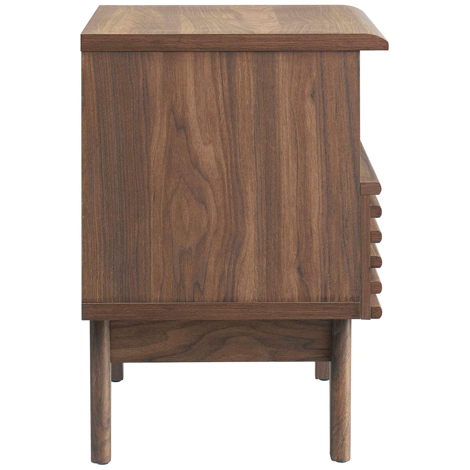 Side view of walnut nightstand showing smooth wood grain and clean modern profile || MOD-7070-WAL || side_studio