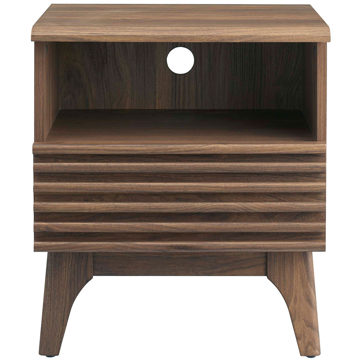 Walnut nightstand with open cubby, cable cutout, and ribbed drawer for mid-century storage || MOD-7070-WAL || front_studio