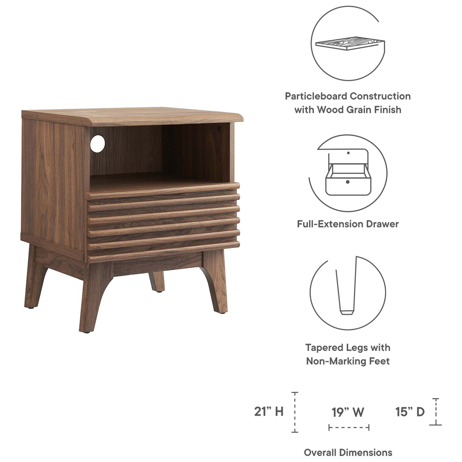 Walnut nightstand with feature icons and dimensions highlighting drawer and tapered legs || MOD-7070-WAL || dimension_studio