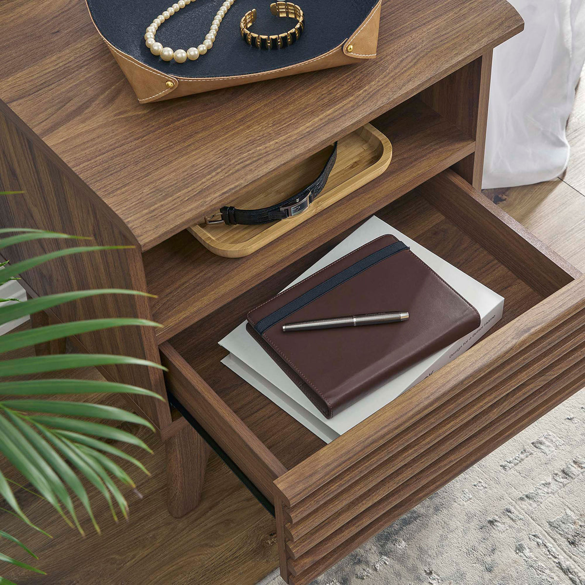 Top view of walnut nightstand with drawer and cubby neatly storing bedside items || MOD-7070-WAL || storage_open_room