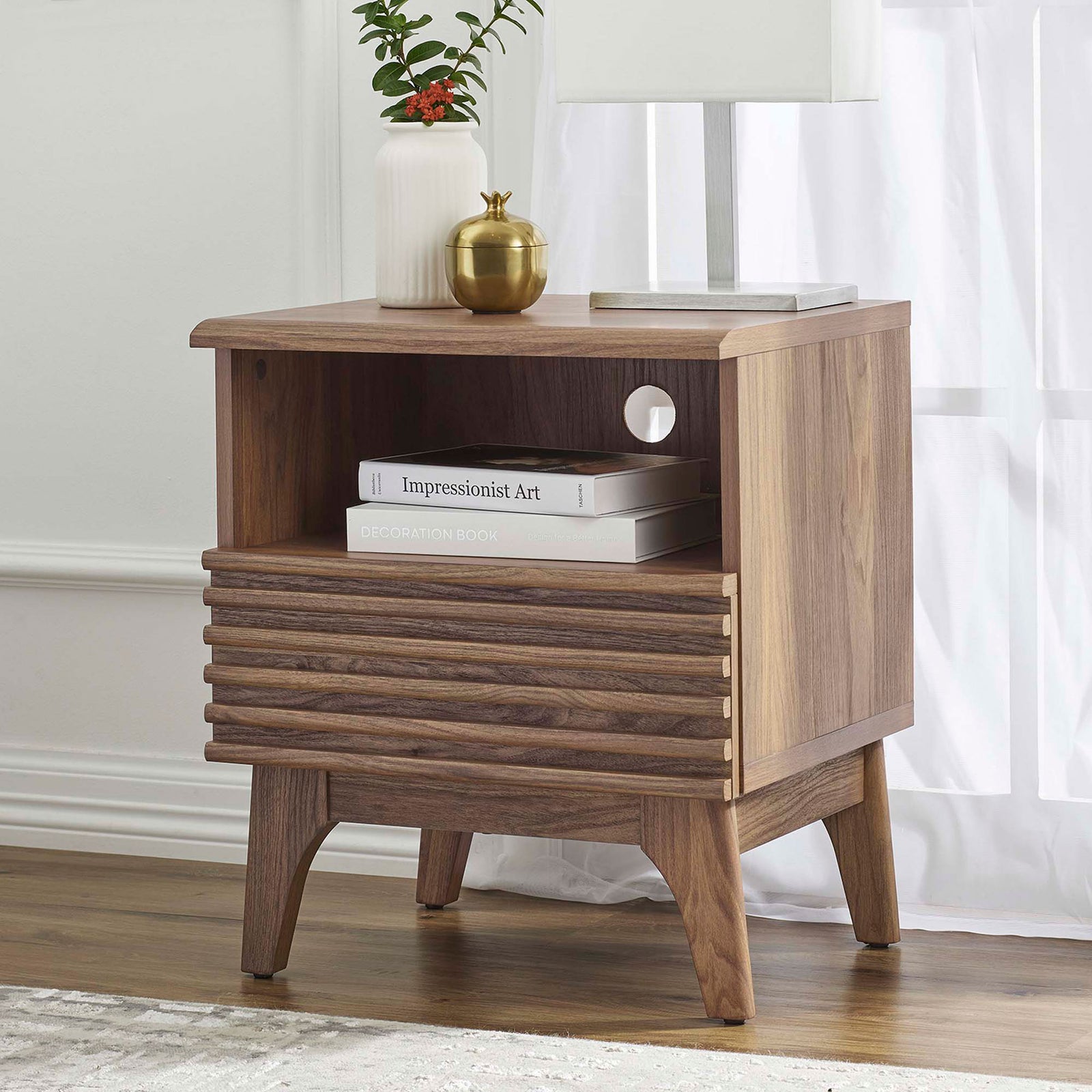 Walnut nightstand in a bright bedroom styled with books and decor on top || MOD-7070-WAL || front_angle_room