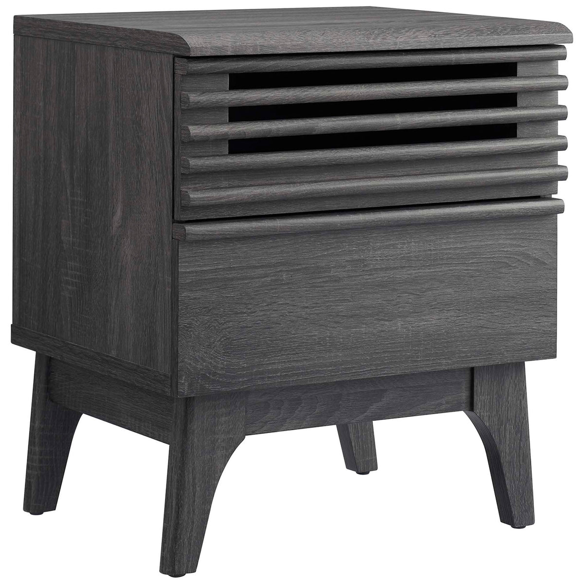 Compact charcoal nightstand showcasing rich wood grain, slatted detail, and sturdy mid-century legs || MOD-7071-CHA || front_angle_studio