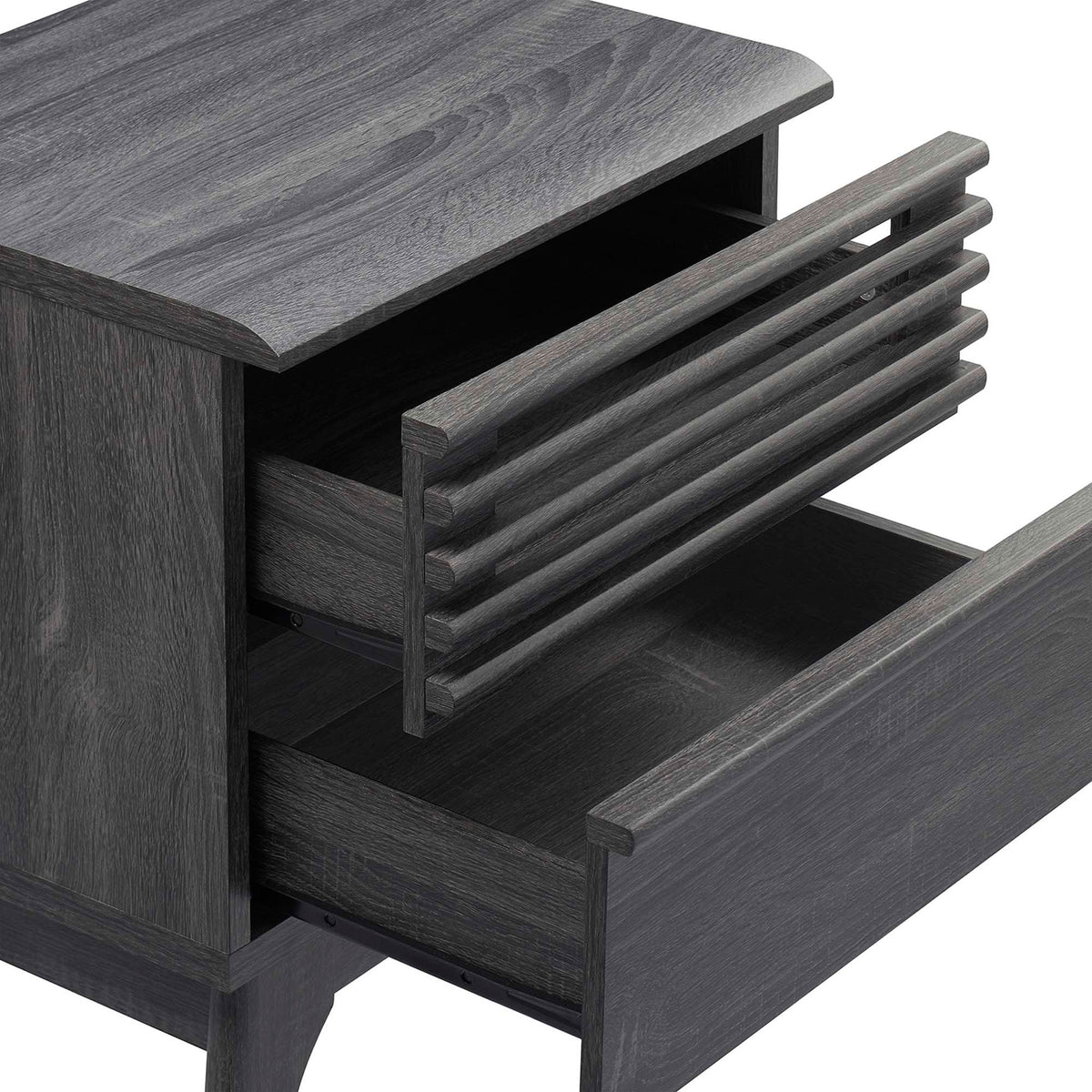 Charcoal nightstand with both drawers open, revealing spacious storage for books and bedside essentials || MOD-7071-CHA || storage_open_studio