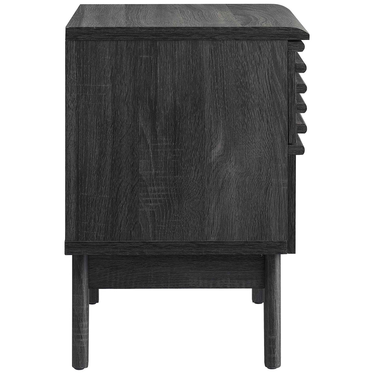 Sleek charcoal nightstand profile highlighting smooth wood grain finish and slim mid-century legs || MOD-7071-CHA || side_studio