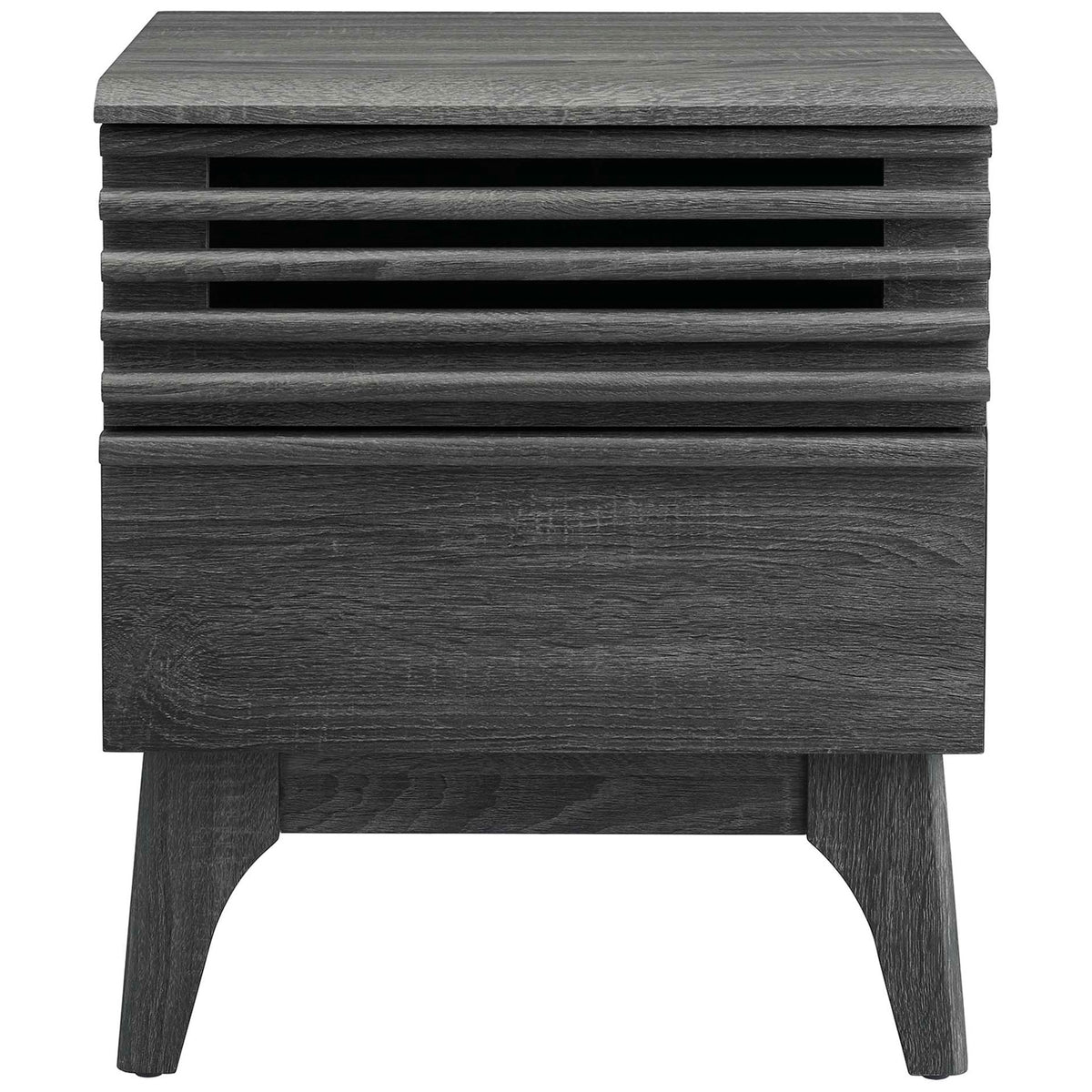 Charcoal wood nightstand with slatted upper drawer and tapered legs for mid-century bedside storage || MOD-7071-CHA || front_studio