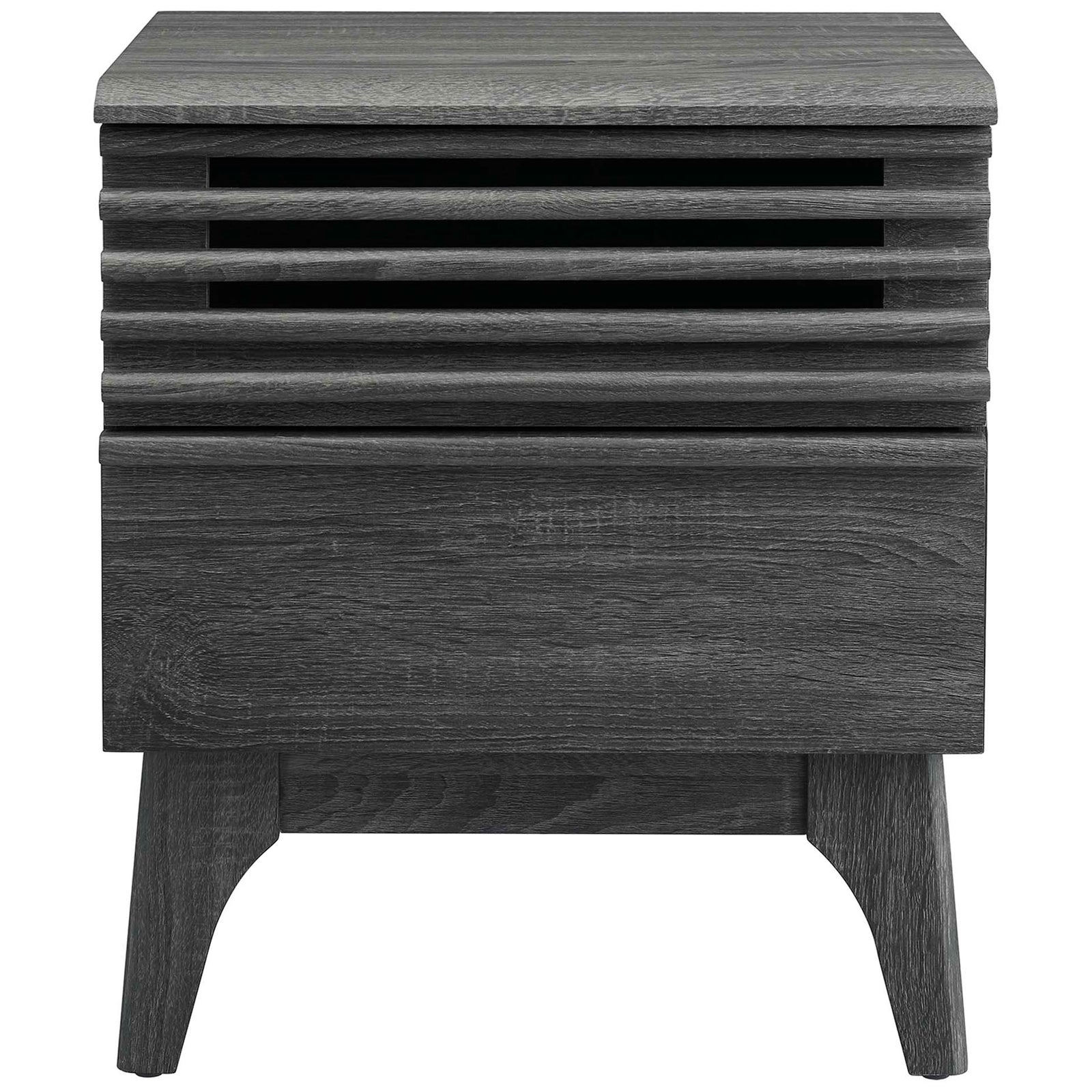 Charcoal wood nightstand with slatted upper drawer and tapered legs for mid-century bedside storage || MOD-7071-CHA || front_studio